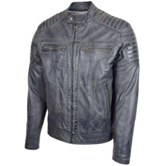 Mens Leather Biker Style Zip Jacket Eddie Essence Silver grey Two Tone