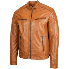 Mens Leather Cafe Racer Biker Jacket Crimson Tan