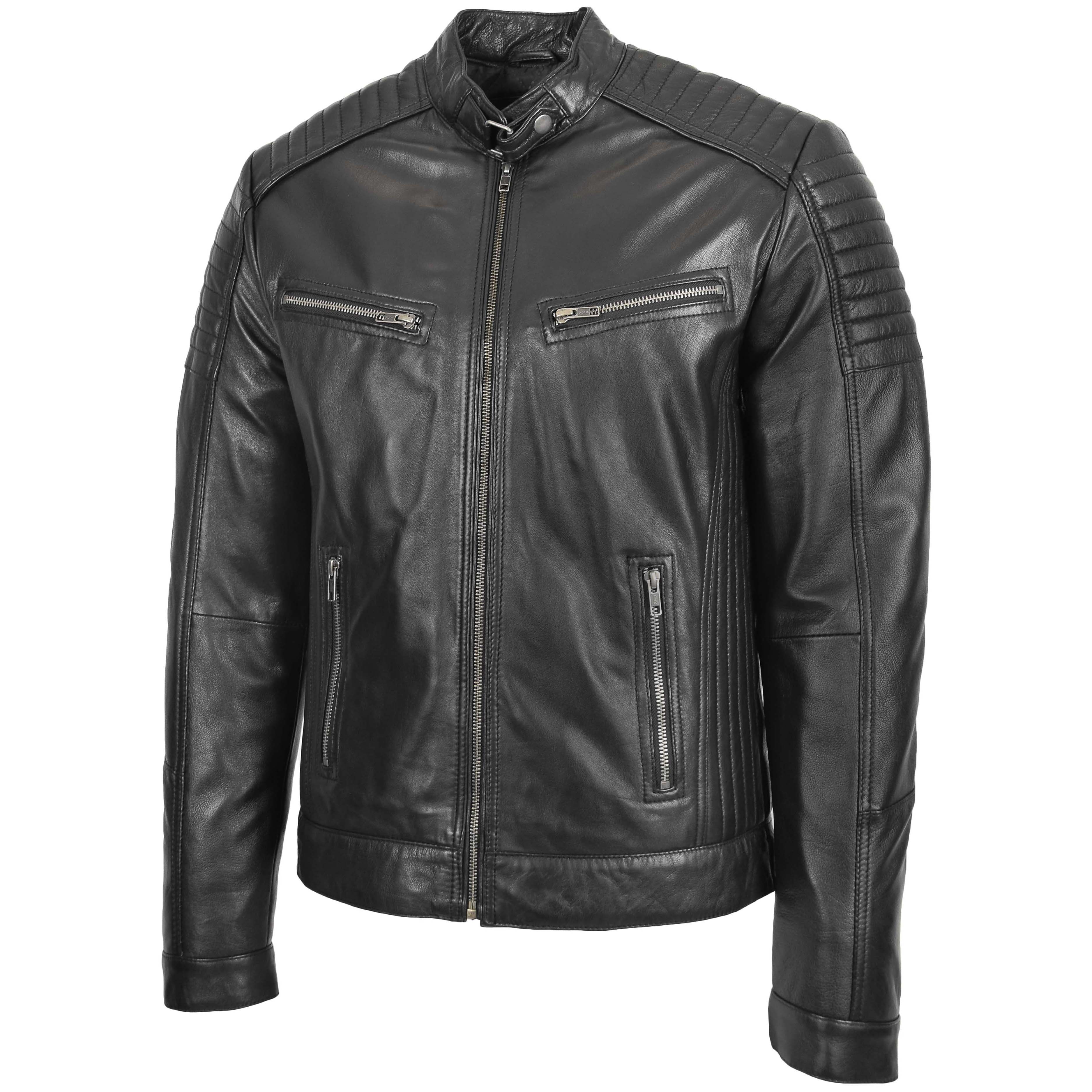 Mens Leather Cafe Racer Biker Jacket Ron Onyx black