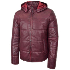 Mens Leather Hooded Puffer Jacket Ivory Burgundy