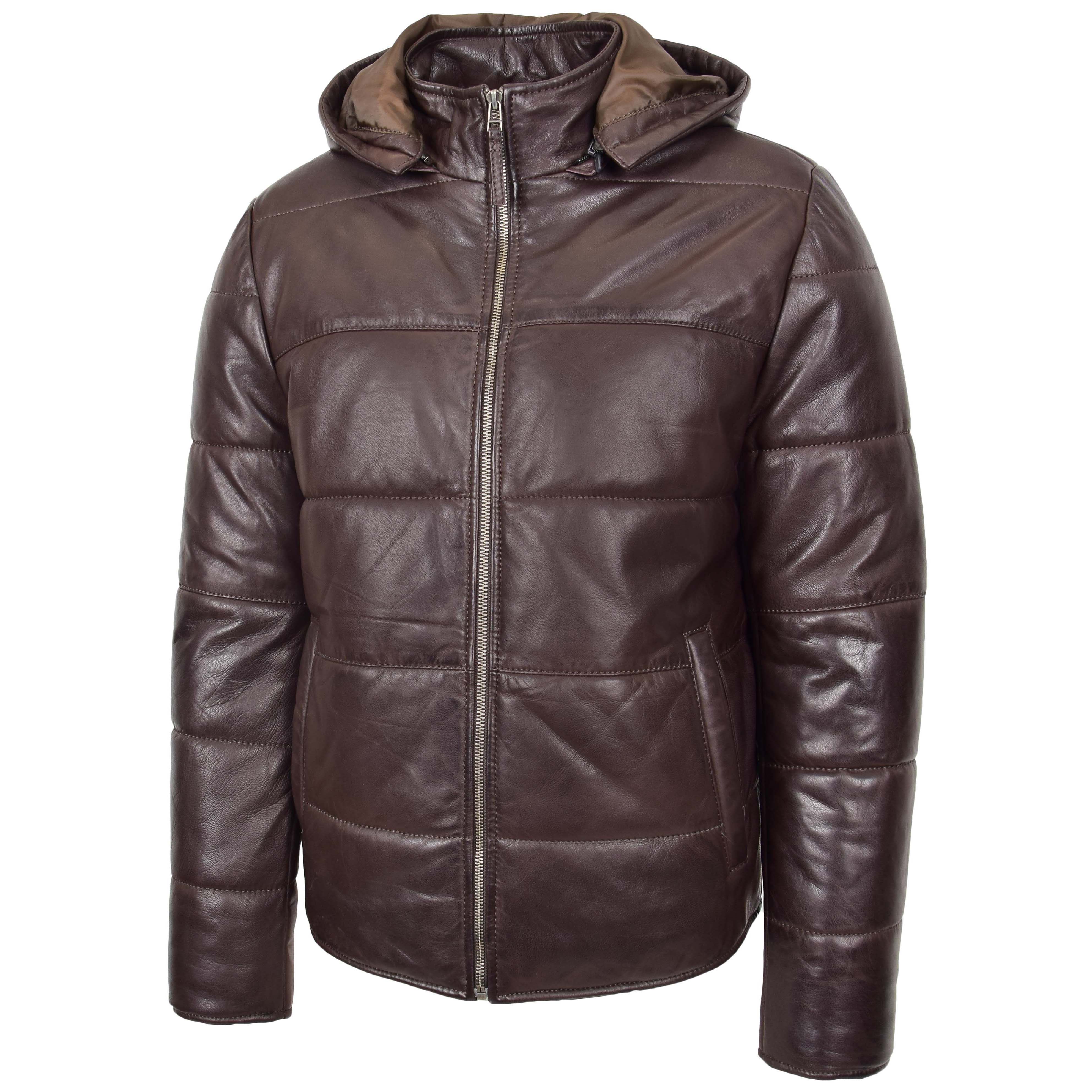 Mens Leather Hooded Puffer Jacket Topaz brown