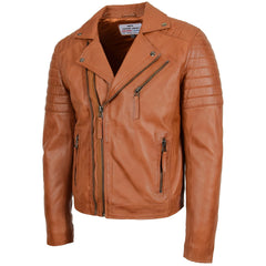 Mens Biker Leather Jacket Dual Zip Hook Crimson Tan