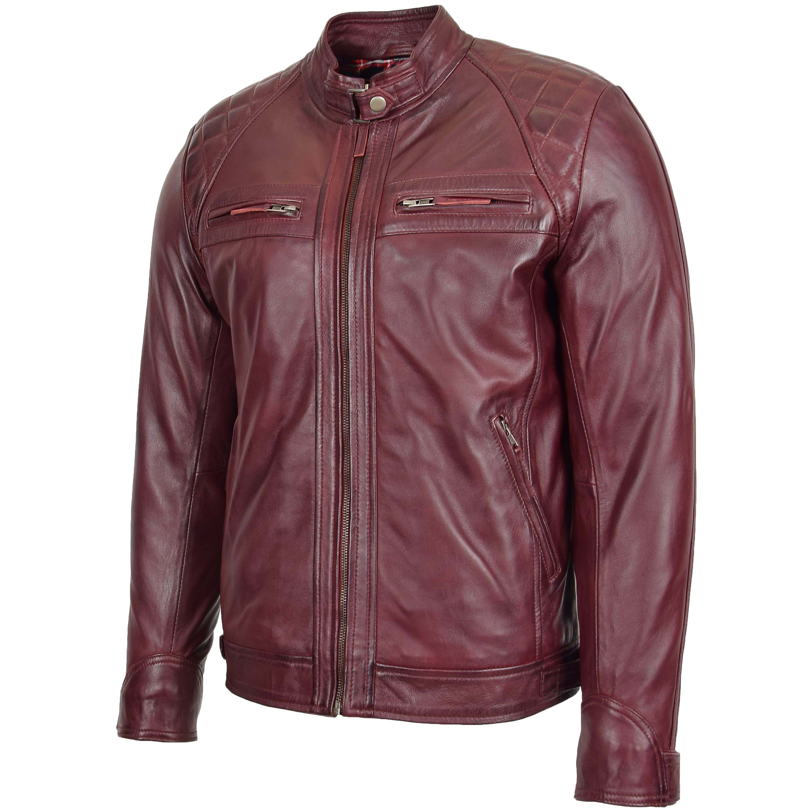 Mens Biker Leather Jacket Standing Collar Ivory Burgundy