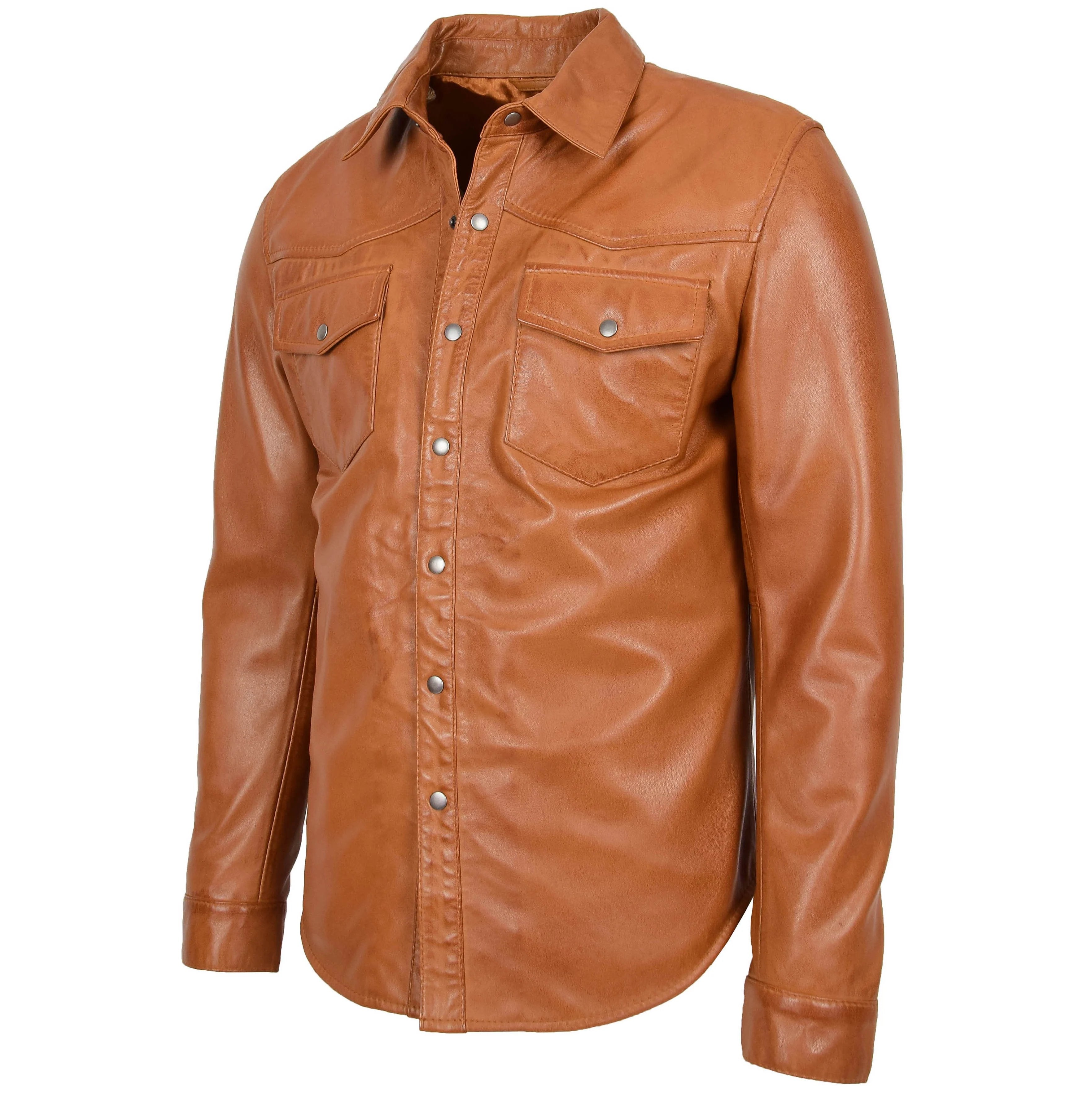 Mens Leather Shirt Classic Trucker Style Oliver Crimson Tan