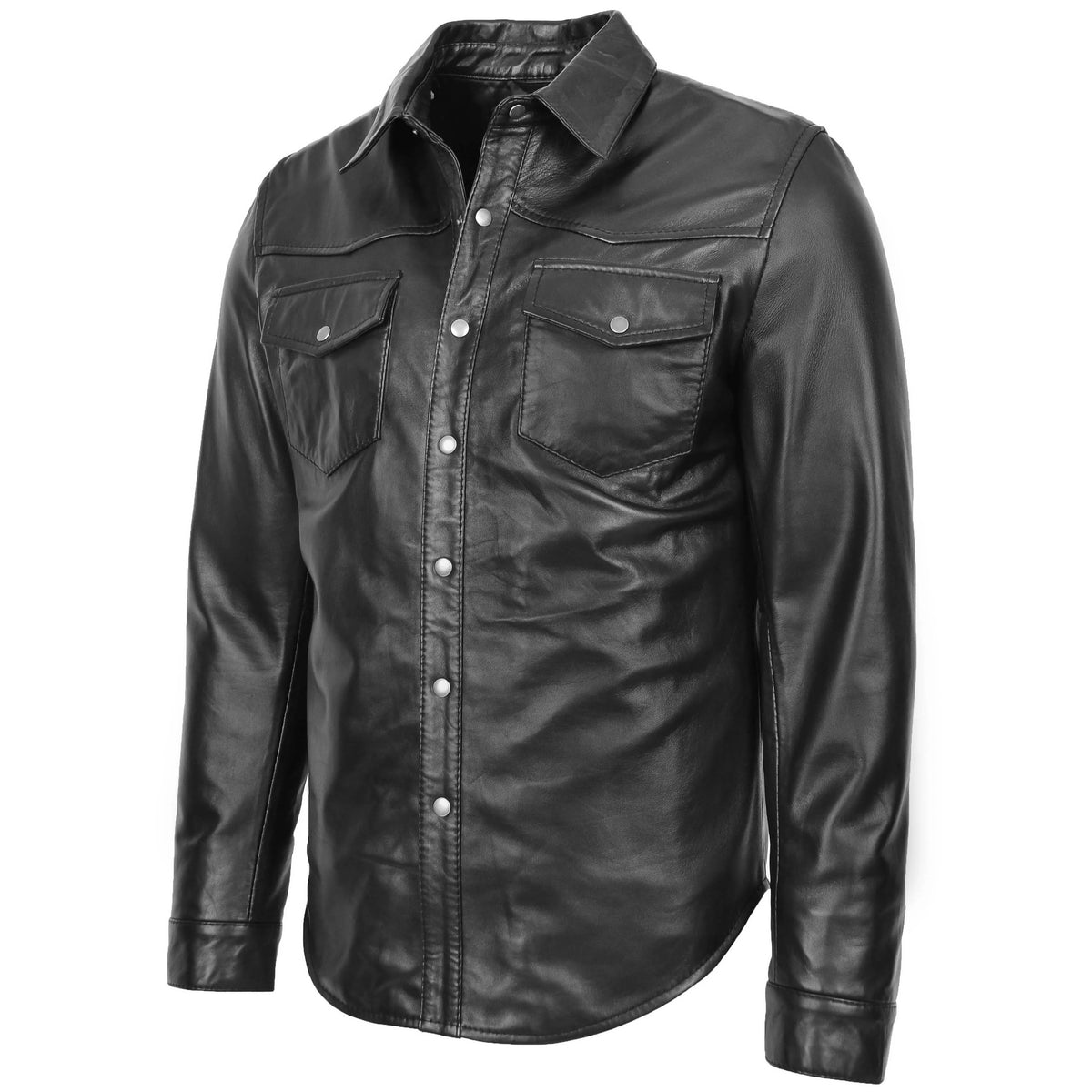 Mens Leather Shirt Classic Trucker Style Oliver Onyx Black