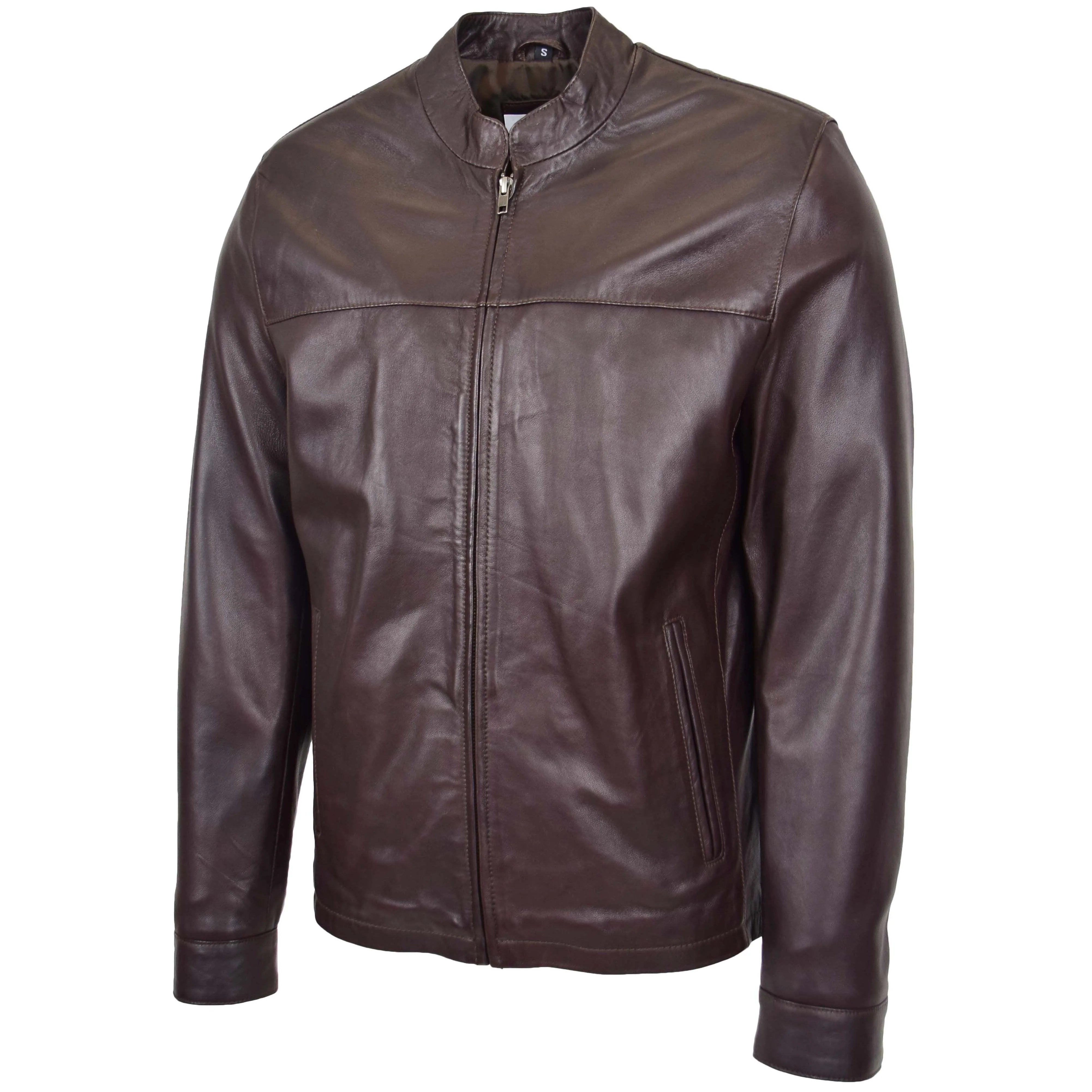 Mens Leather Standing Collar Jacket Paul Topaz Brown