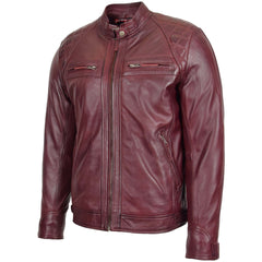 Mens Biker Leather Jacket Standing Collar Ivory Burgundy