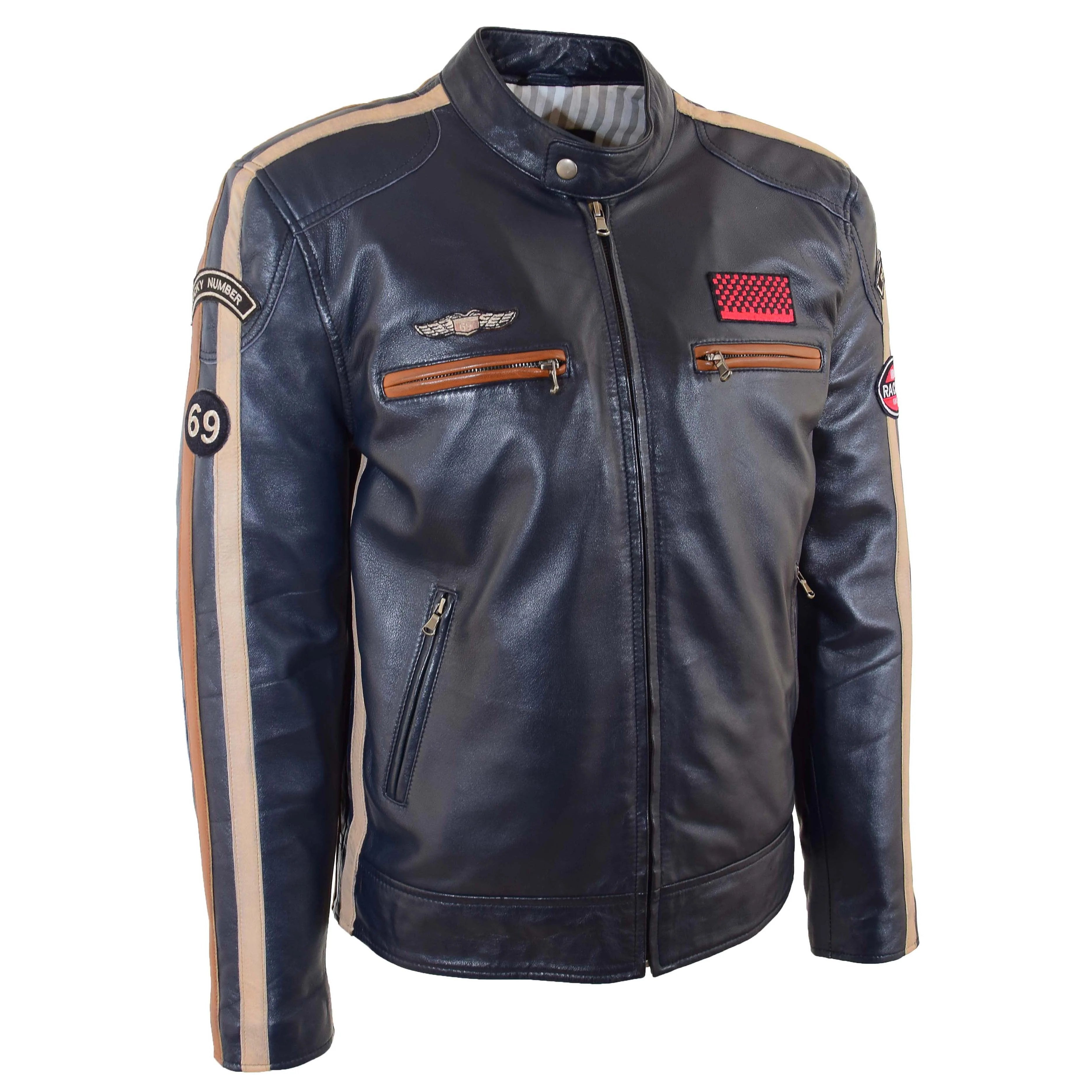 Mens Real Leather Biker Jacket Cafe Racer Style Badges TRON Luna Navy