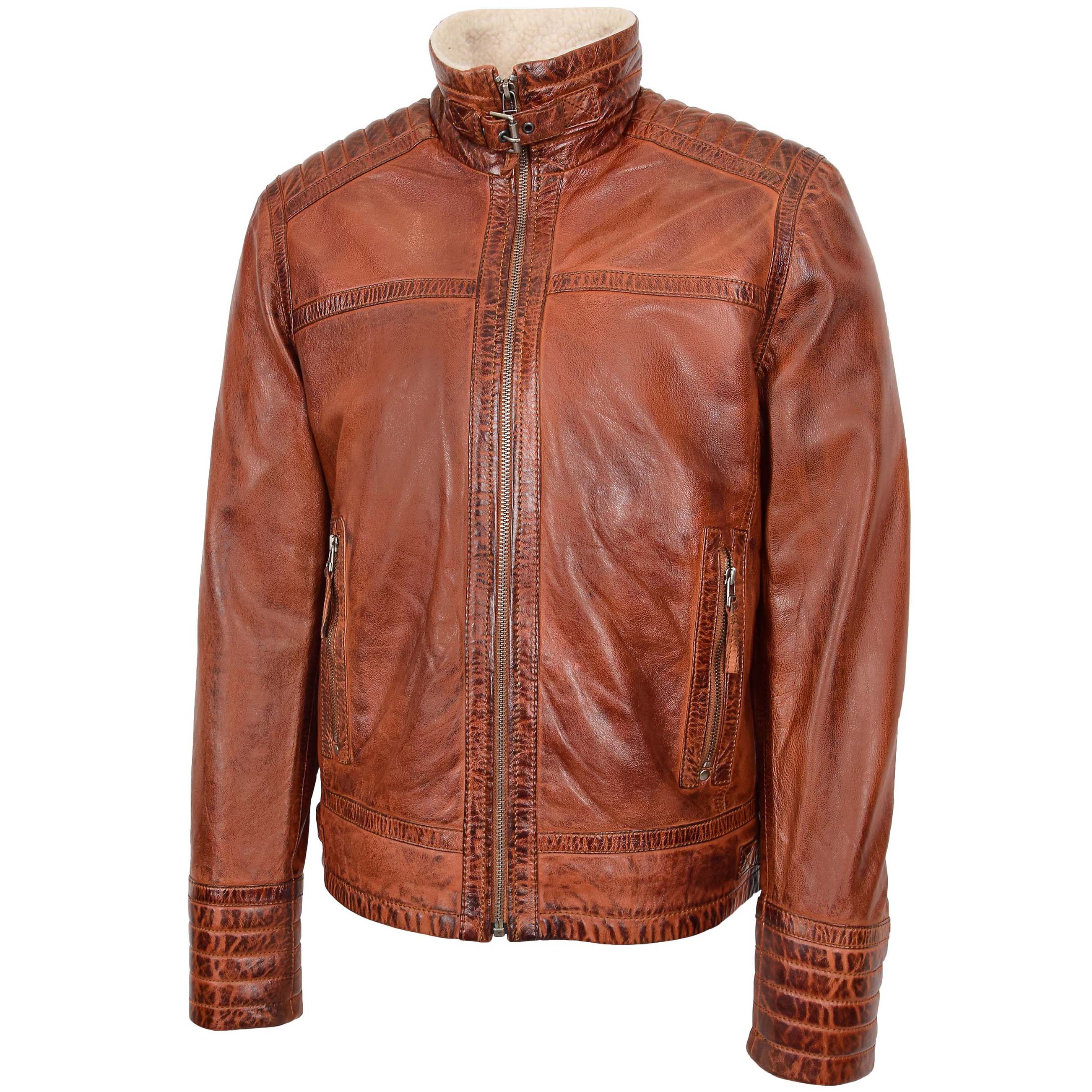 Mens Real Leather Sherpa Lined Jacket Alfie Topaz Brown