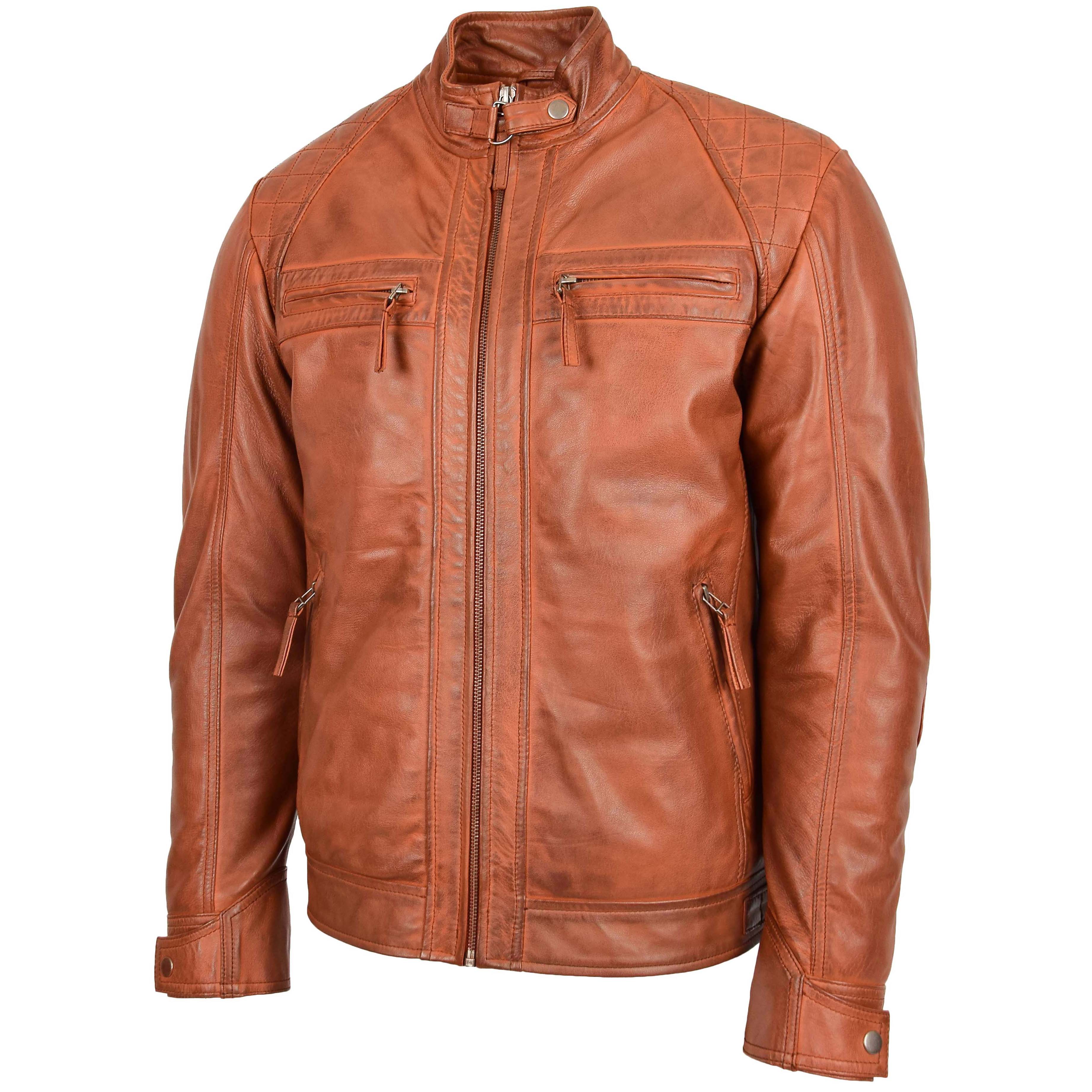 Mens Biker Leather Jacket Standing Collar Bowie Crimson Tan