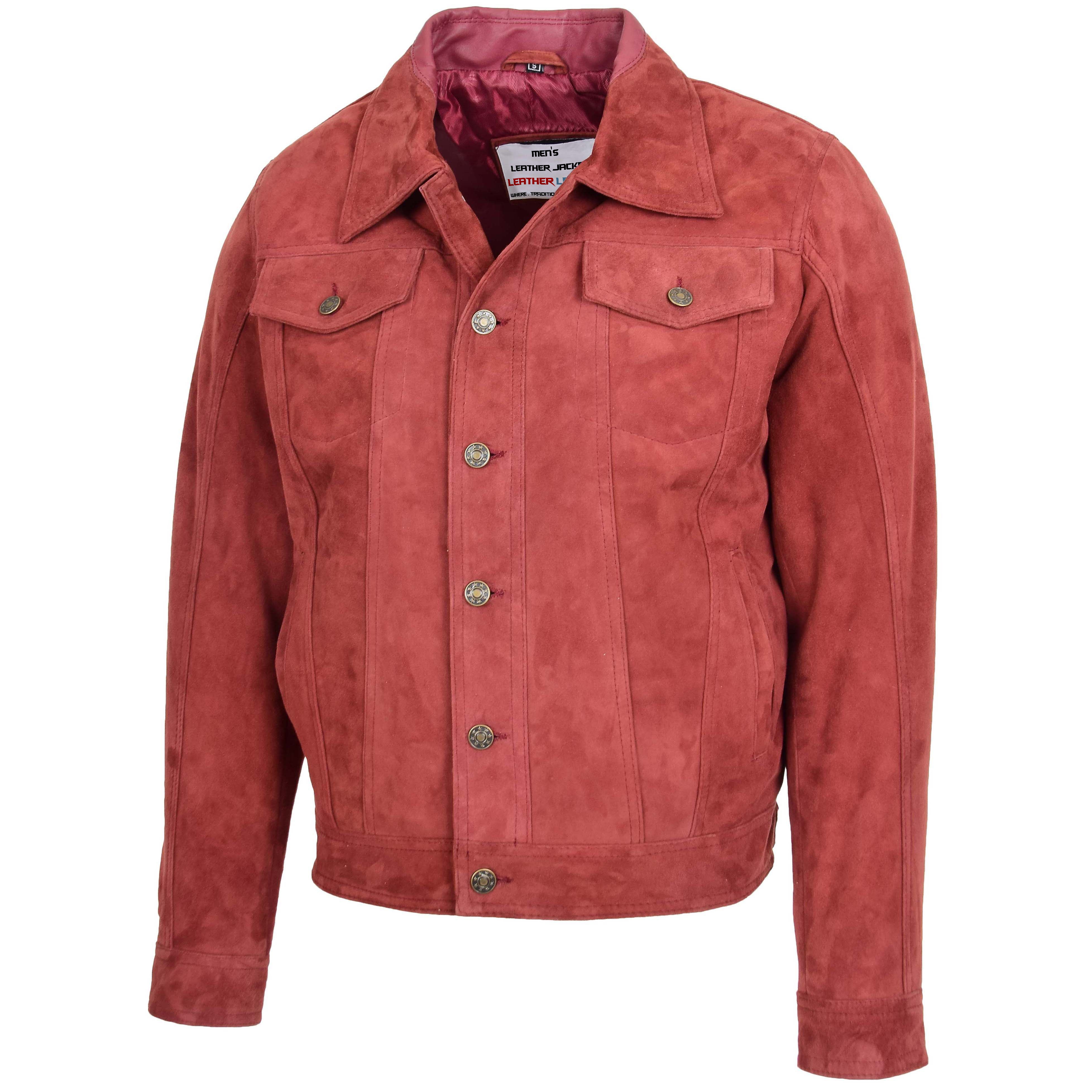 Mens Real Suede Trucker Harrington Jacket Daryl Ivory Burgundy