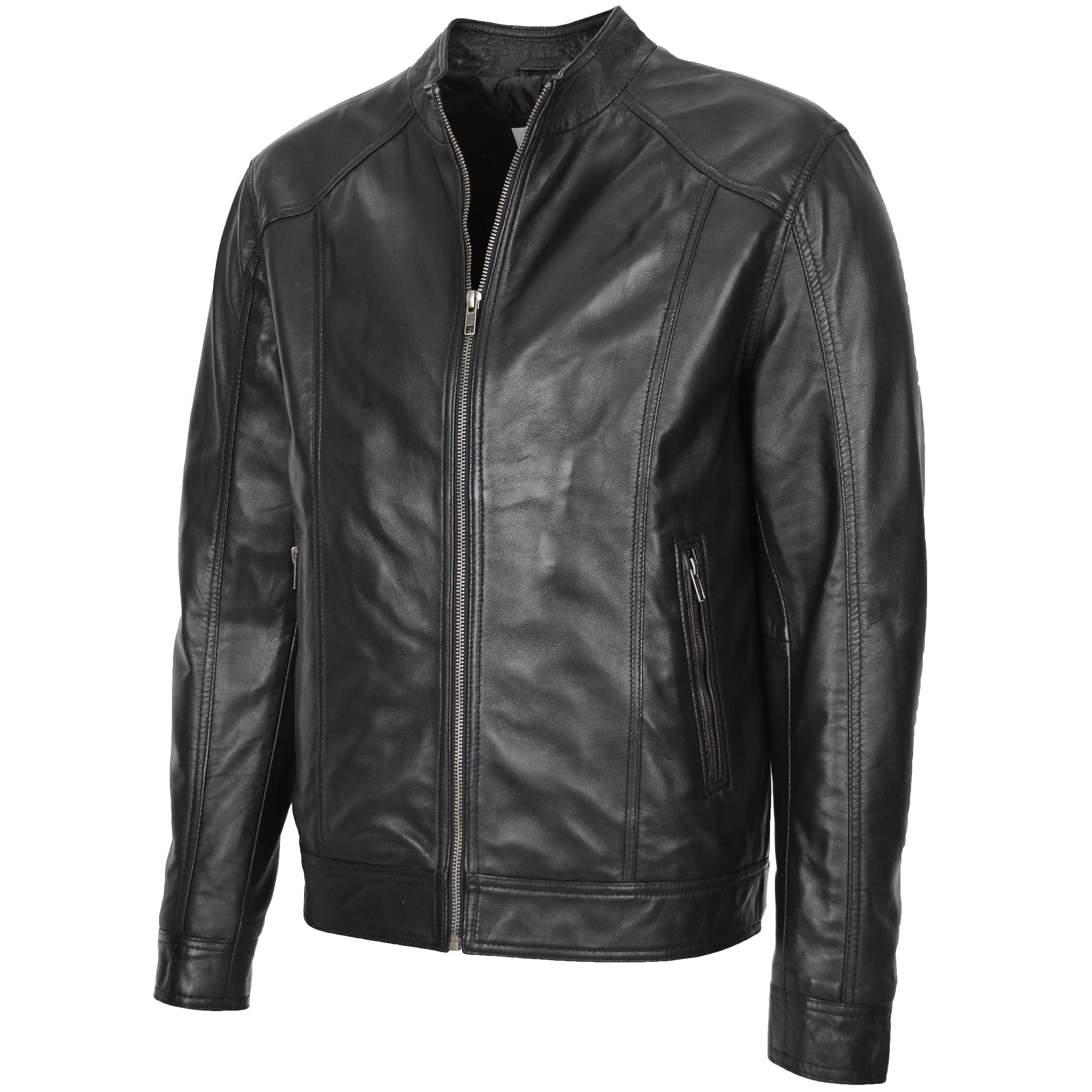 Mens Soft Leather Casual Plain Zip Jacket Matt Onyx Black.