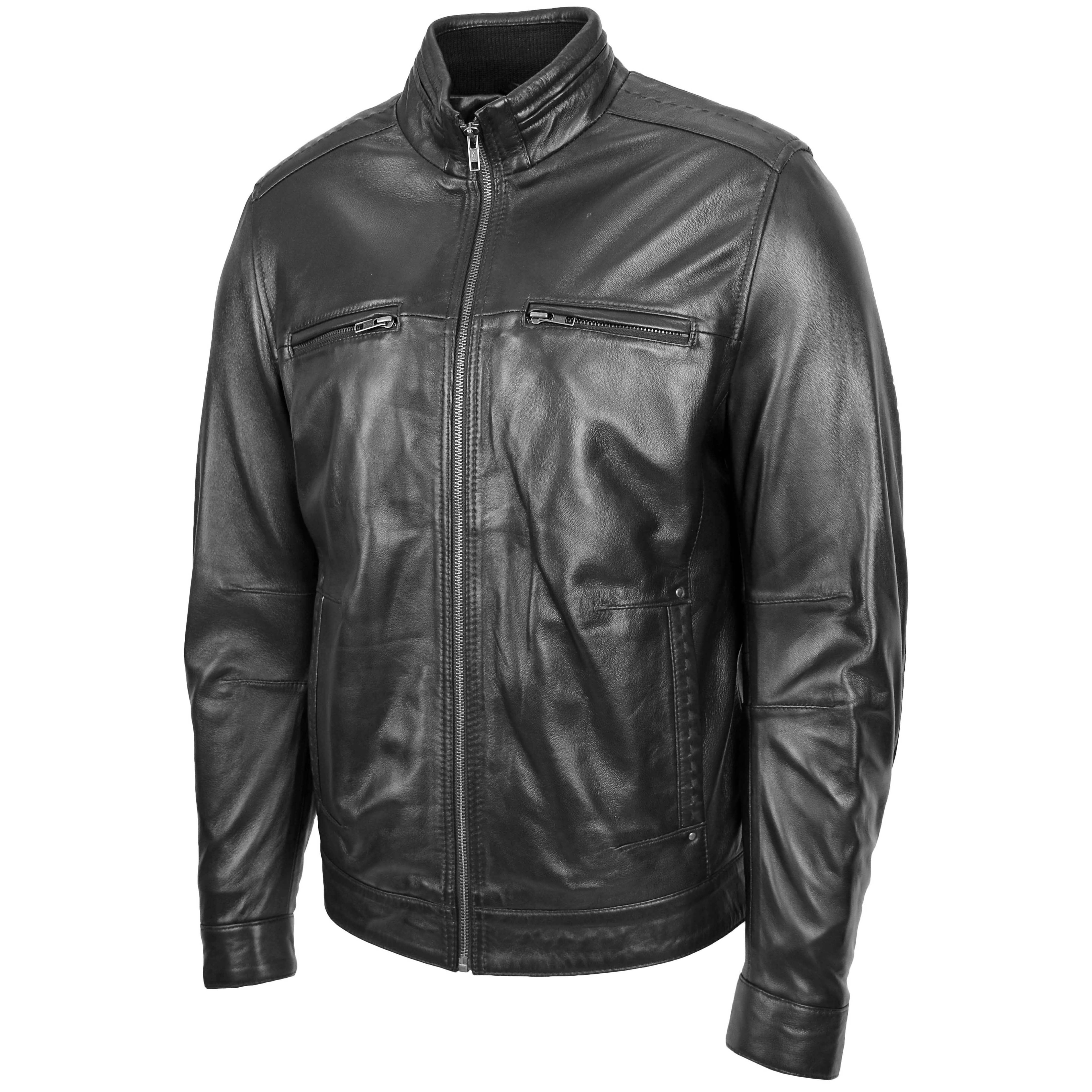 Men’s Standing Collar Leather Jacket Tony Onyx Black