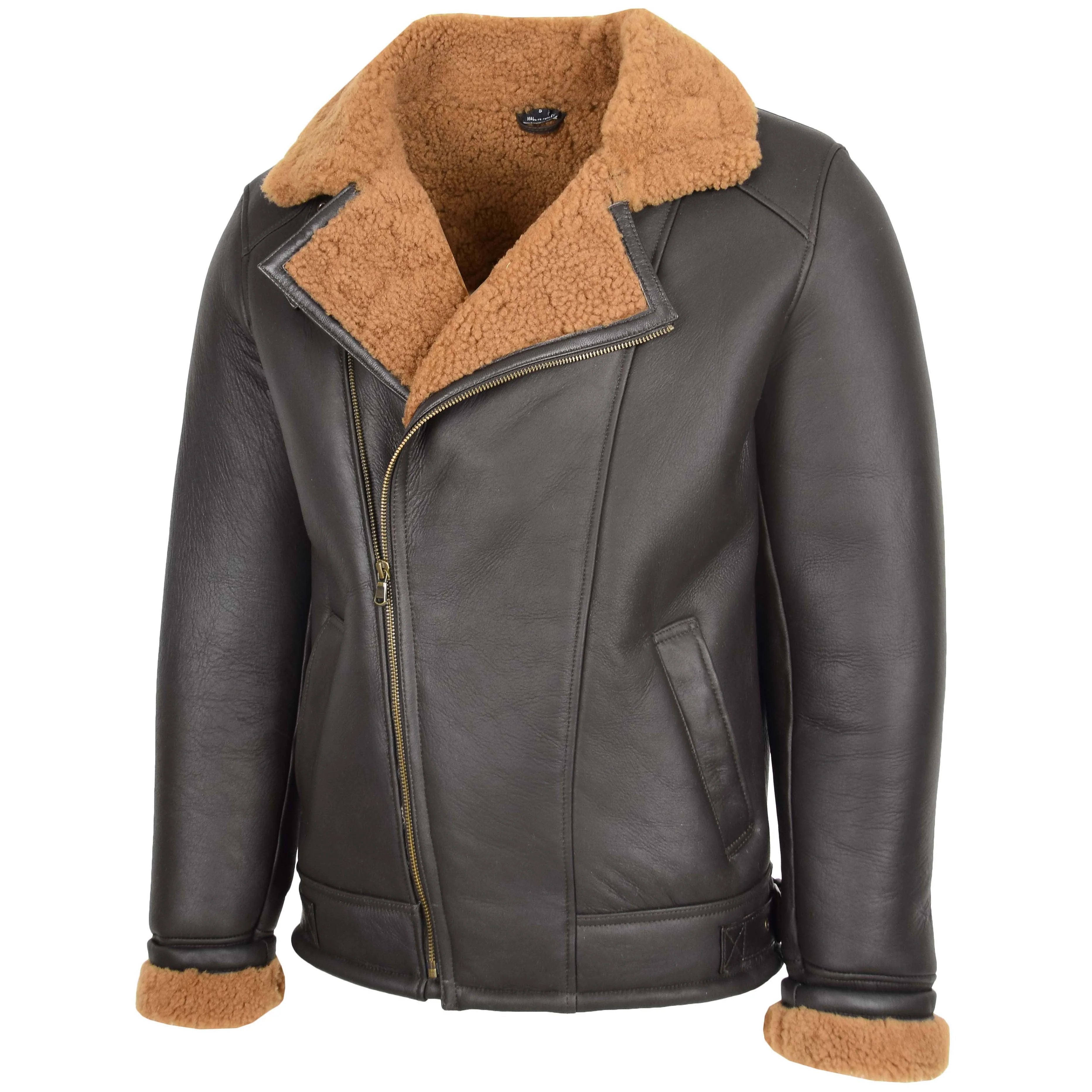 Mens Aviator Sheepskin Pilot Leather Bomber Jacket Topaz Brown Ginger