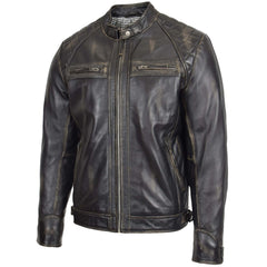 Mens Biker Leather Jacket Standing Collar Jade Rubb Off