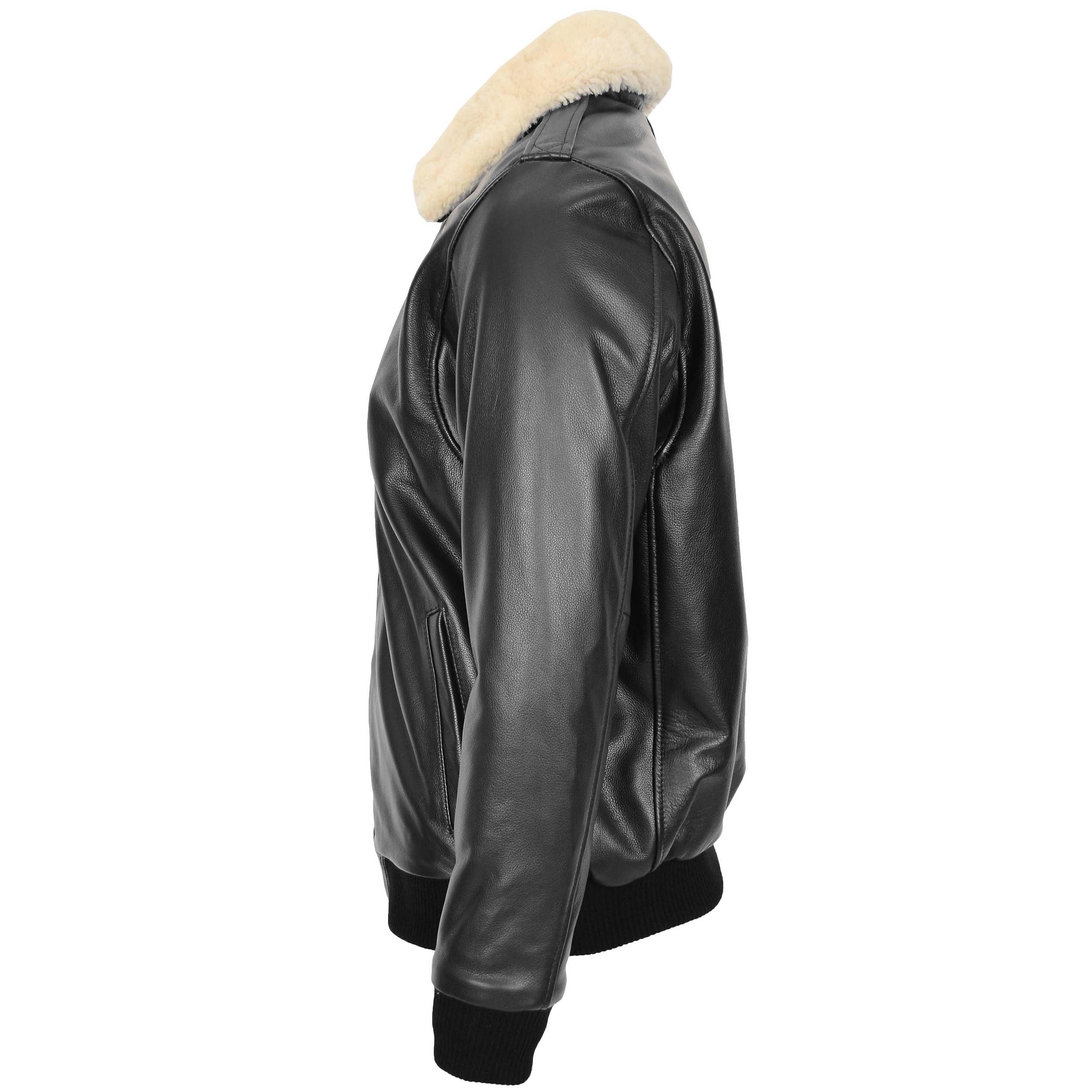 Mens Bomber Leather Jacket with Sheepskin Collar Viggo Onyx Black