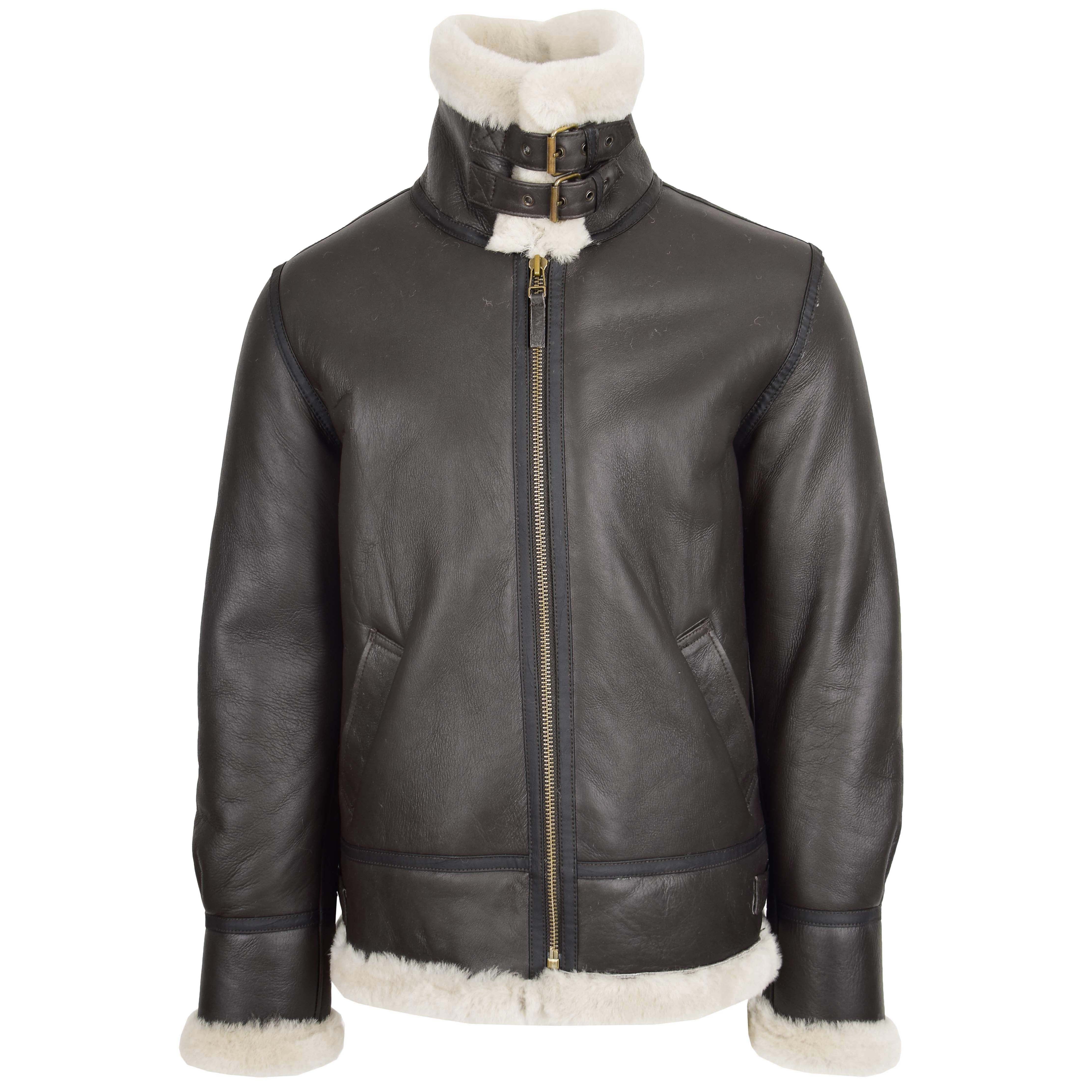 Men's Classic B3 Original Sheepskin Leather Bomber Jacket Topaz Black White