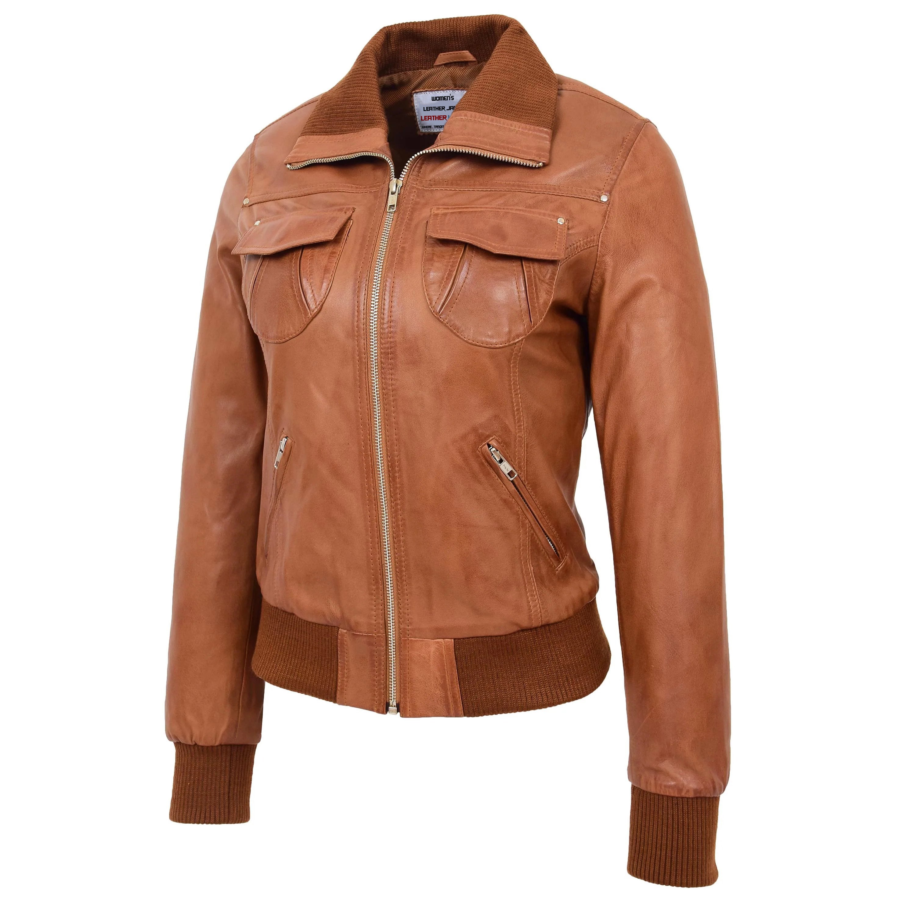 Womens Leather Classic Bomber Jacket Motto Crimson Tan