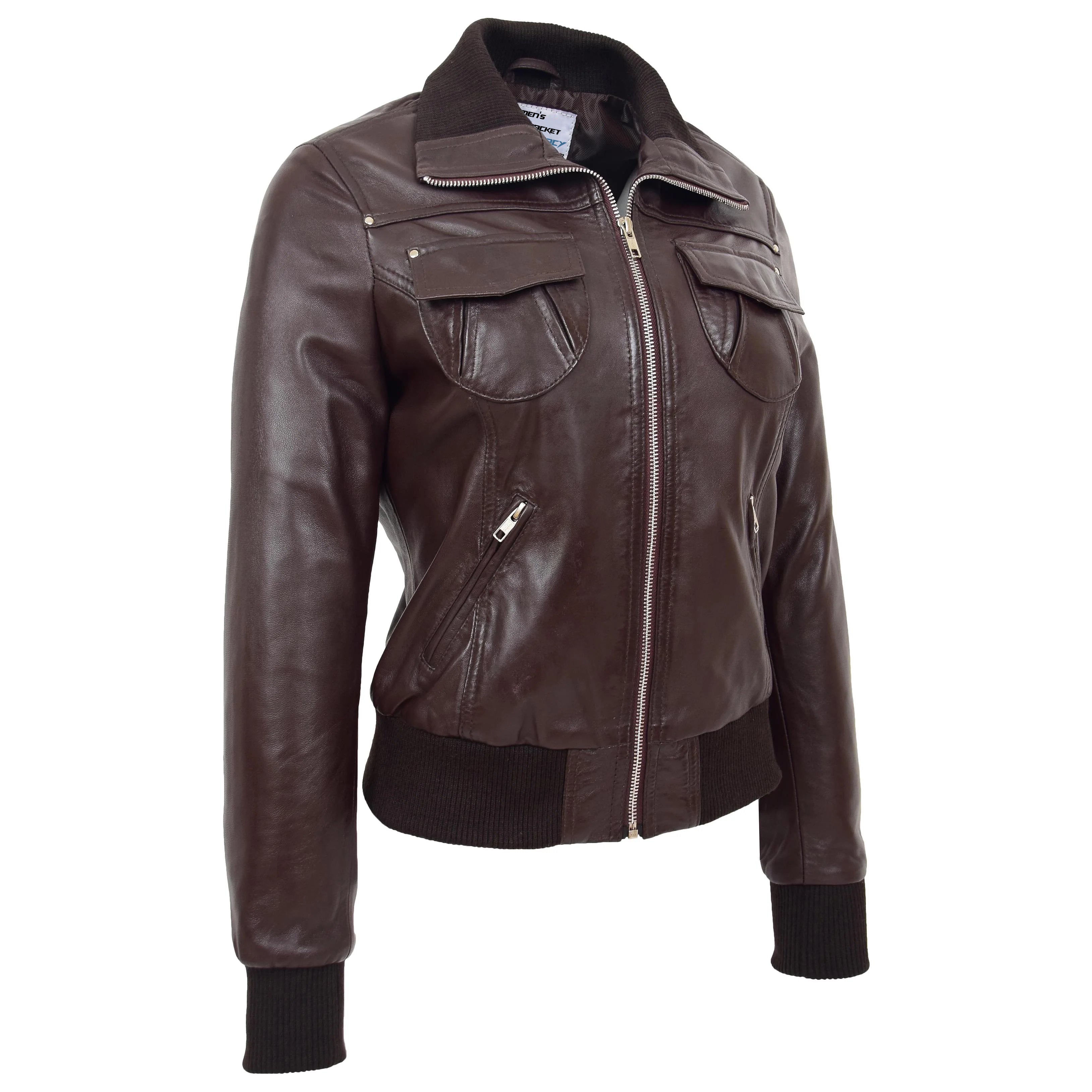 Womens Leather Classic Bomber Jacket Motto Topaz Brown