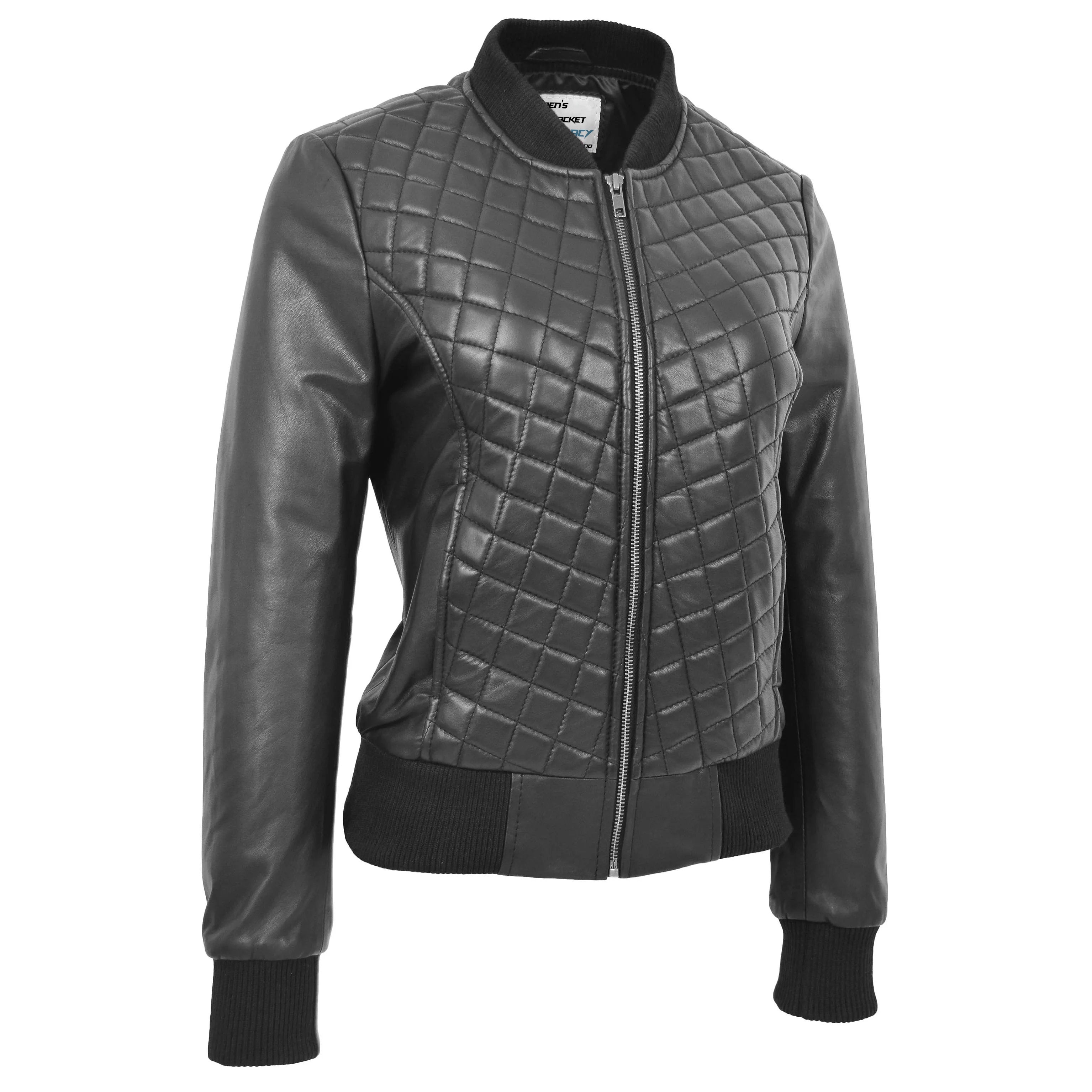 Womens Leather Varsity Quilted Bomber Jacket Onyx Black