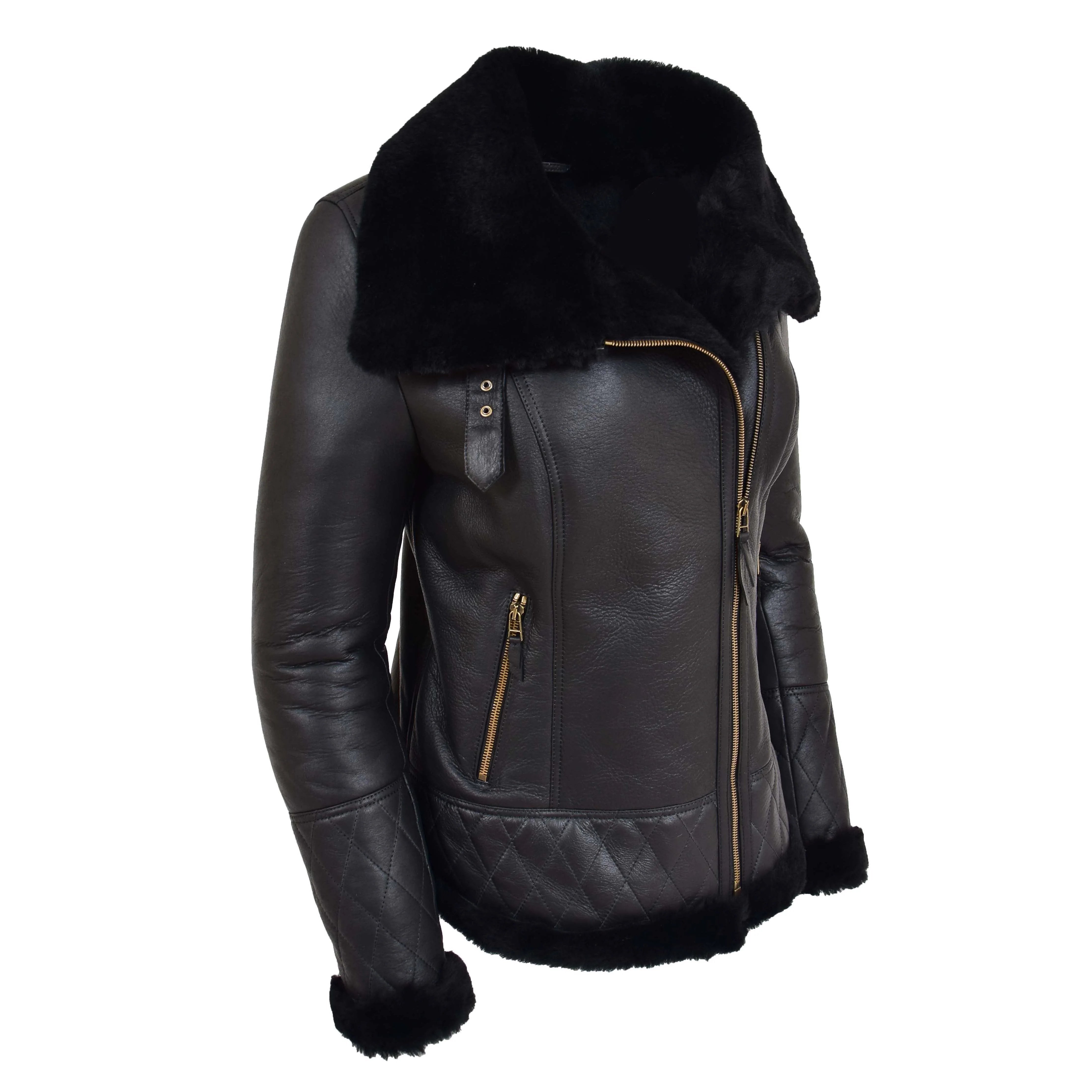 Womens Merino Sheepskin Aviator Jacket Onyx Black