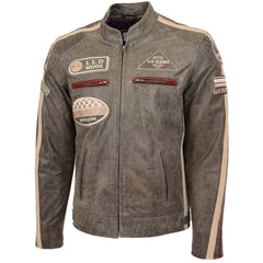 Mens Biker Leather Jacket with Badges Topaz brown