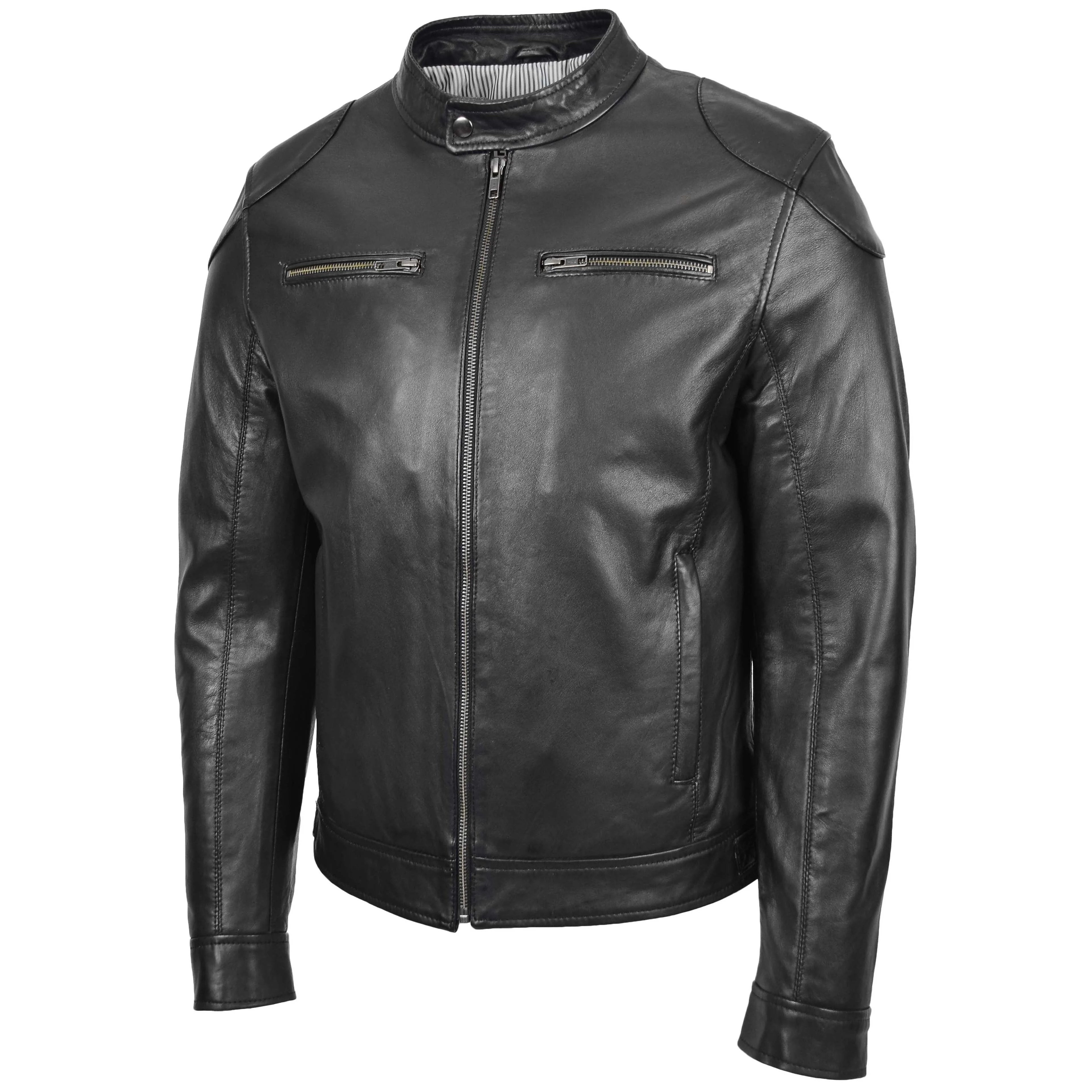 Mens Biker Soft Casual Leather Jacket Onyx black