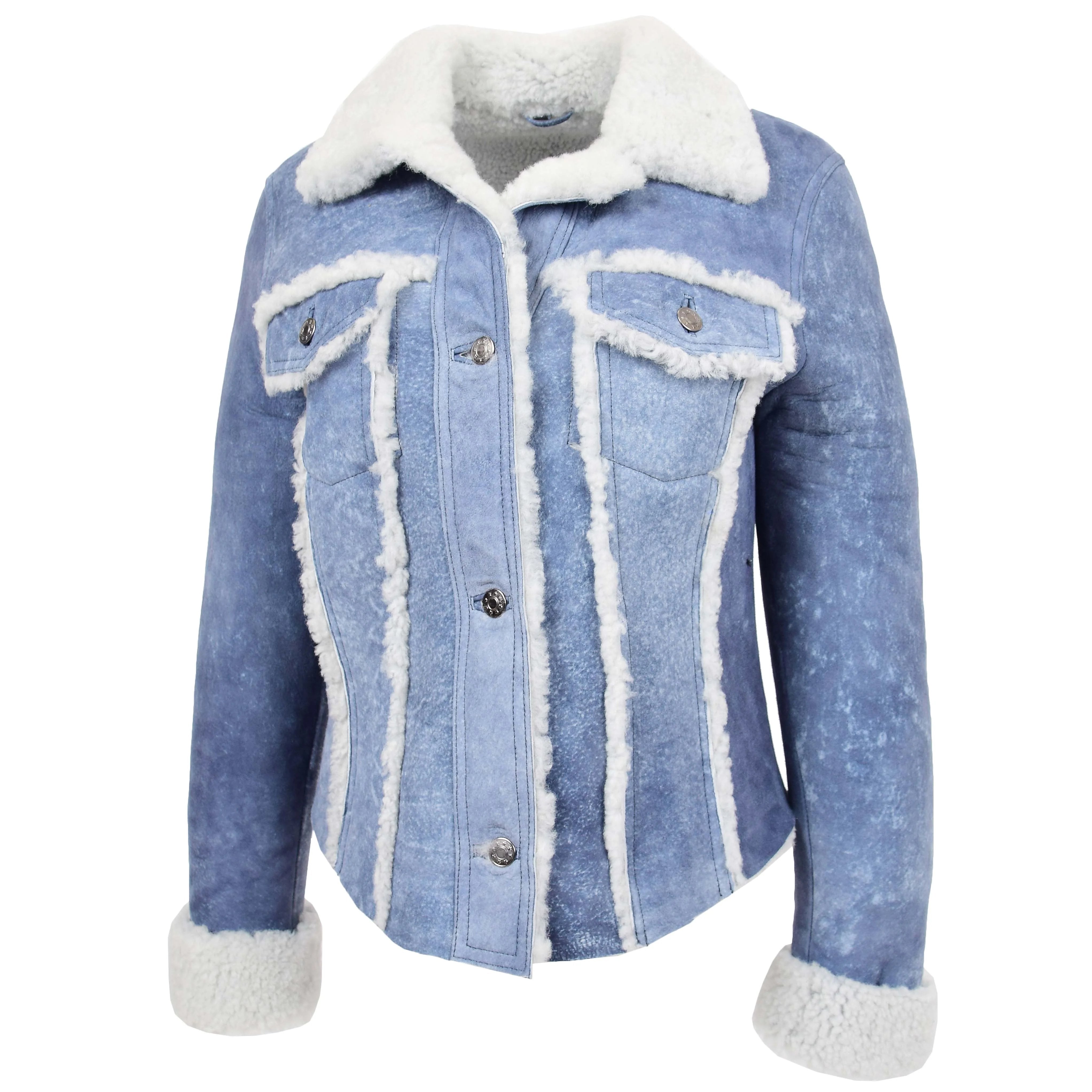 Womens Real Sheepskin Trucker Jacket Kylie Denim Sapphire Blue