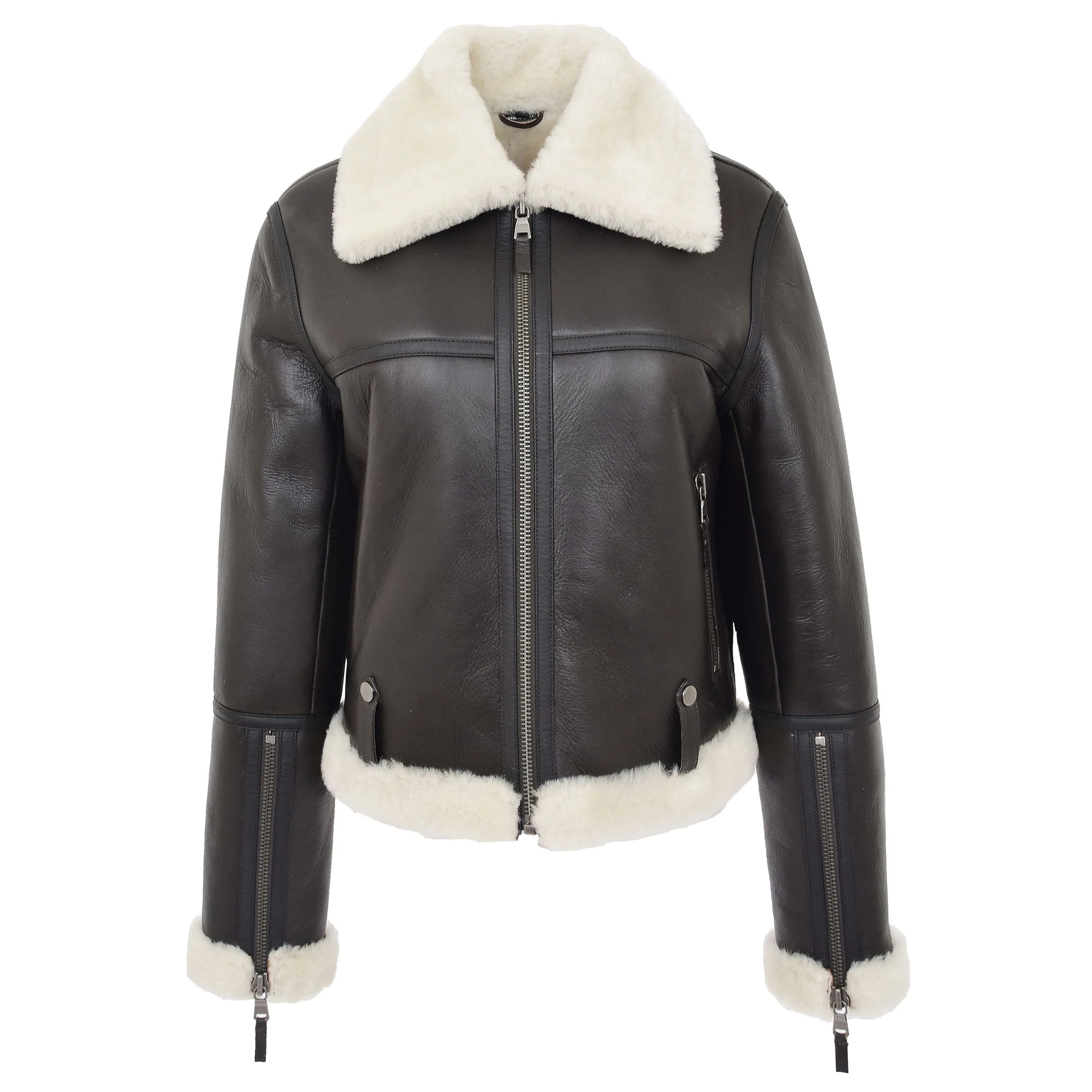 Womens Sheepskin Aviator RAF Pilot Jacket Topaz Brown White