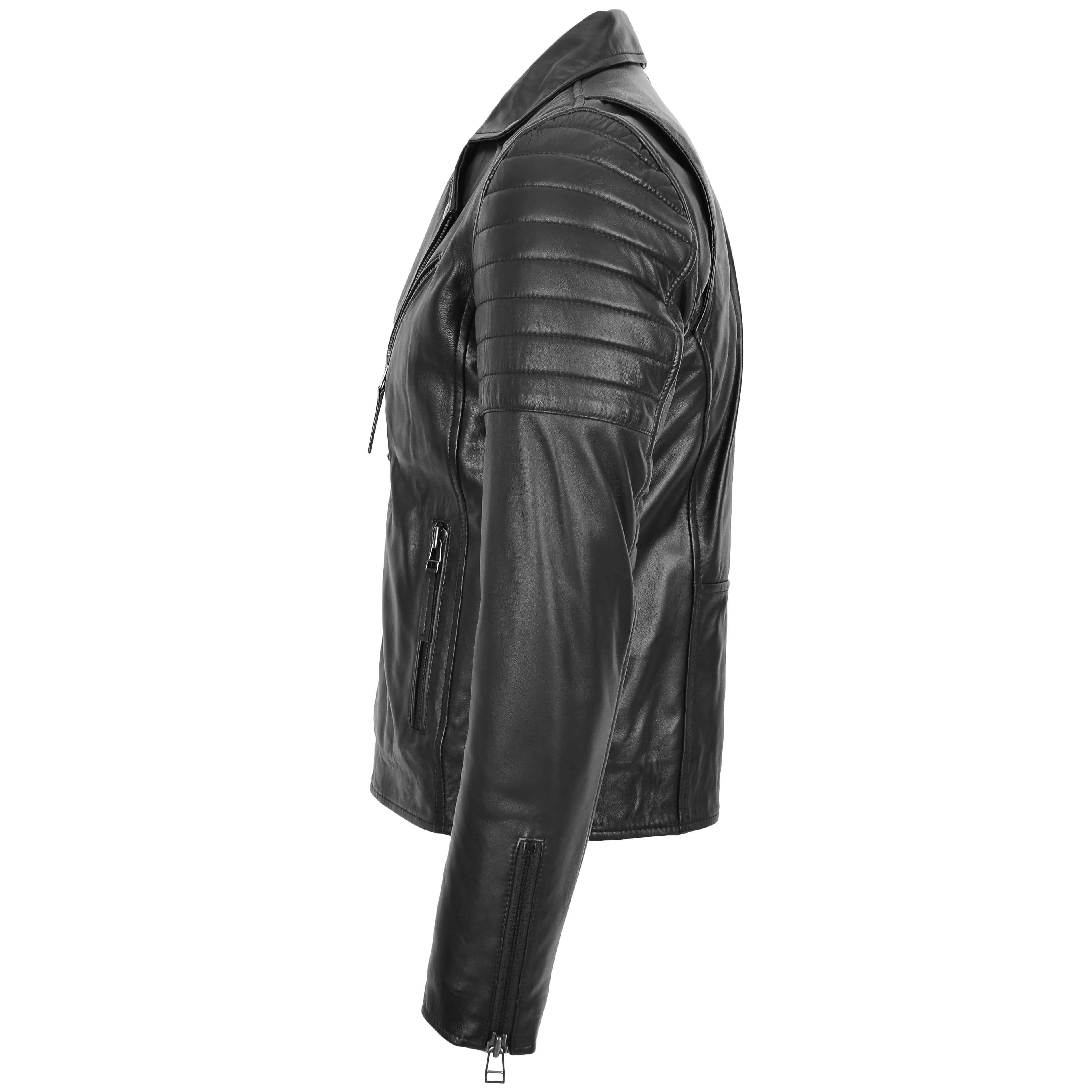 Mens Biker Leather Jacket Dual Zip Hook Onyx Black