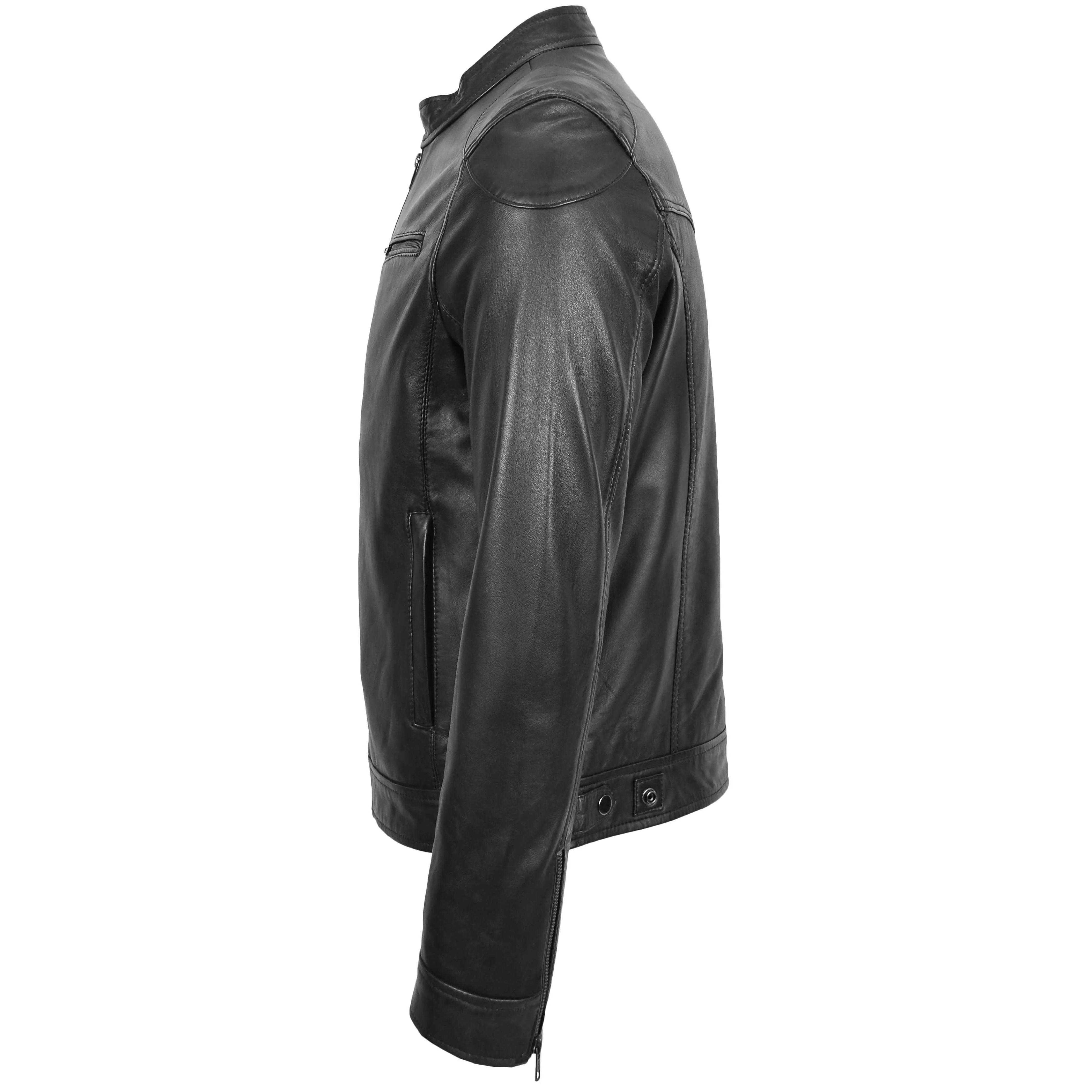 Mens Biker Soft Casual Leather Jacket Onyx black