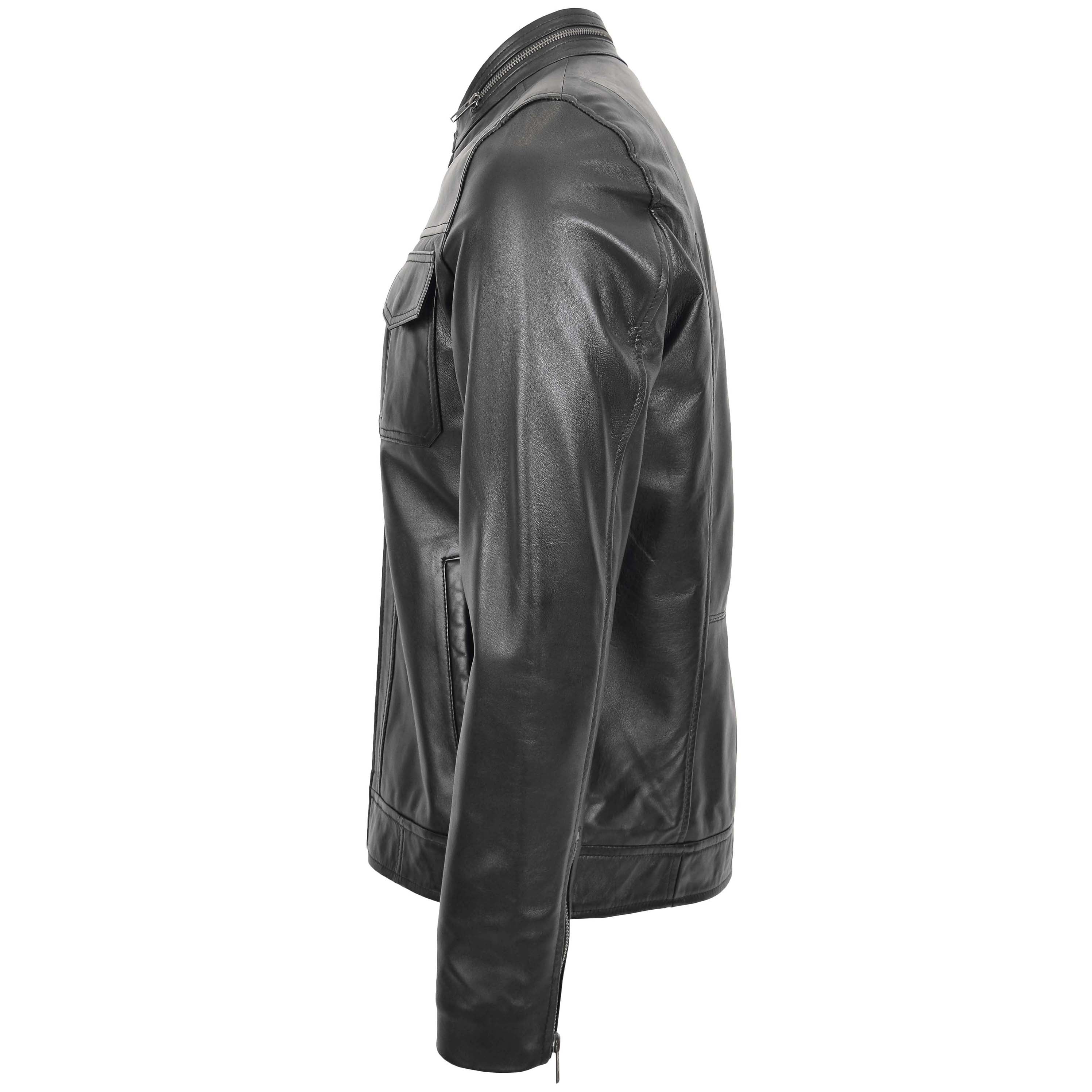 Mens Casual Biker Leather Jacket Onyx black