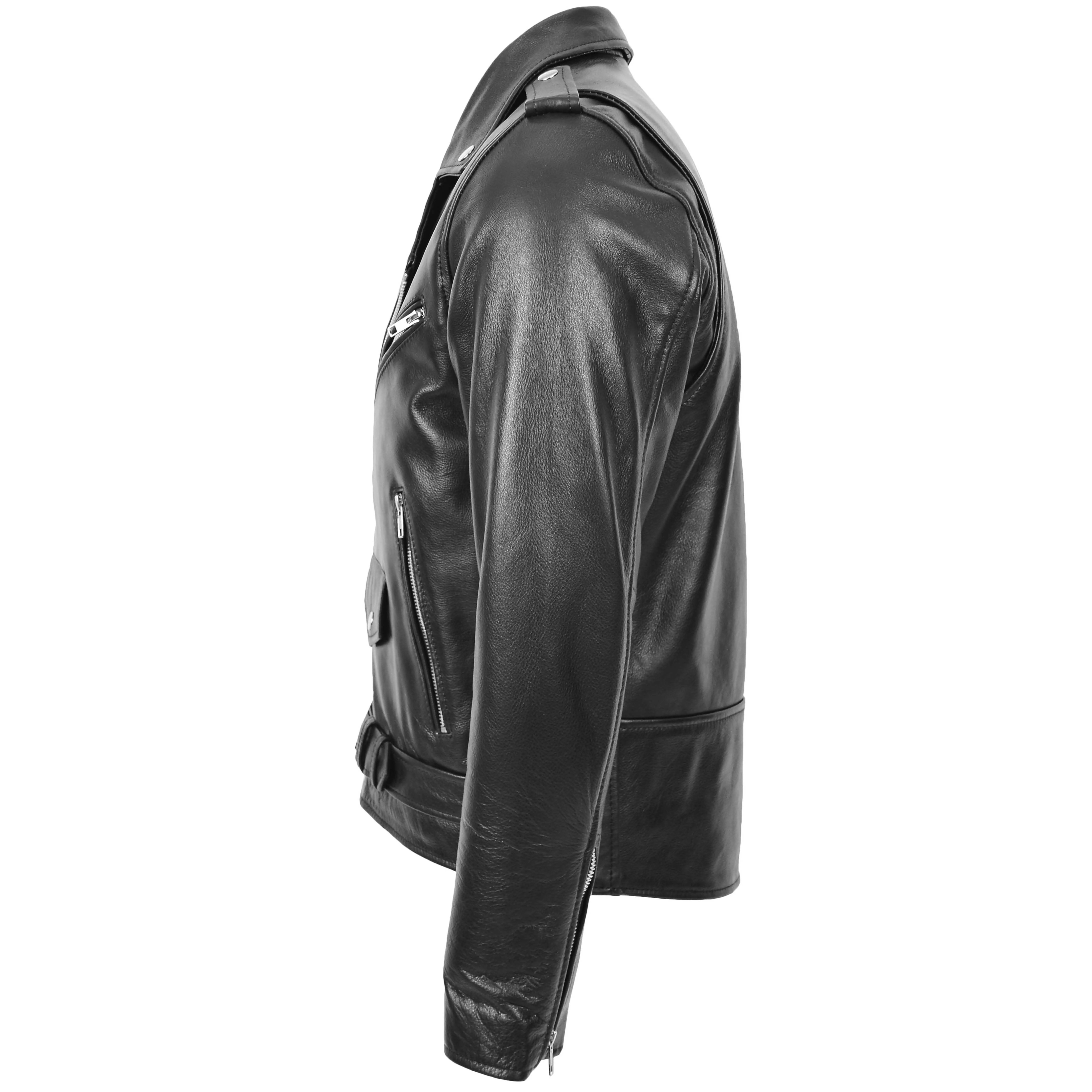 Mens Heavy Duty Leather Biker Brando Jacket Onyx Black