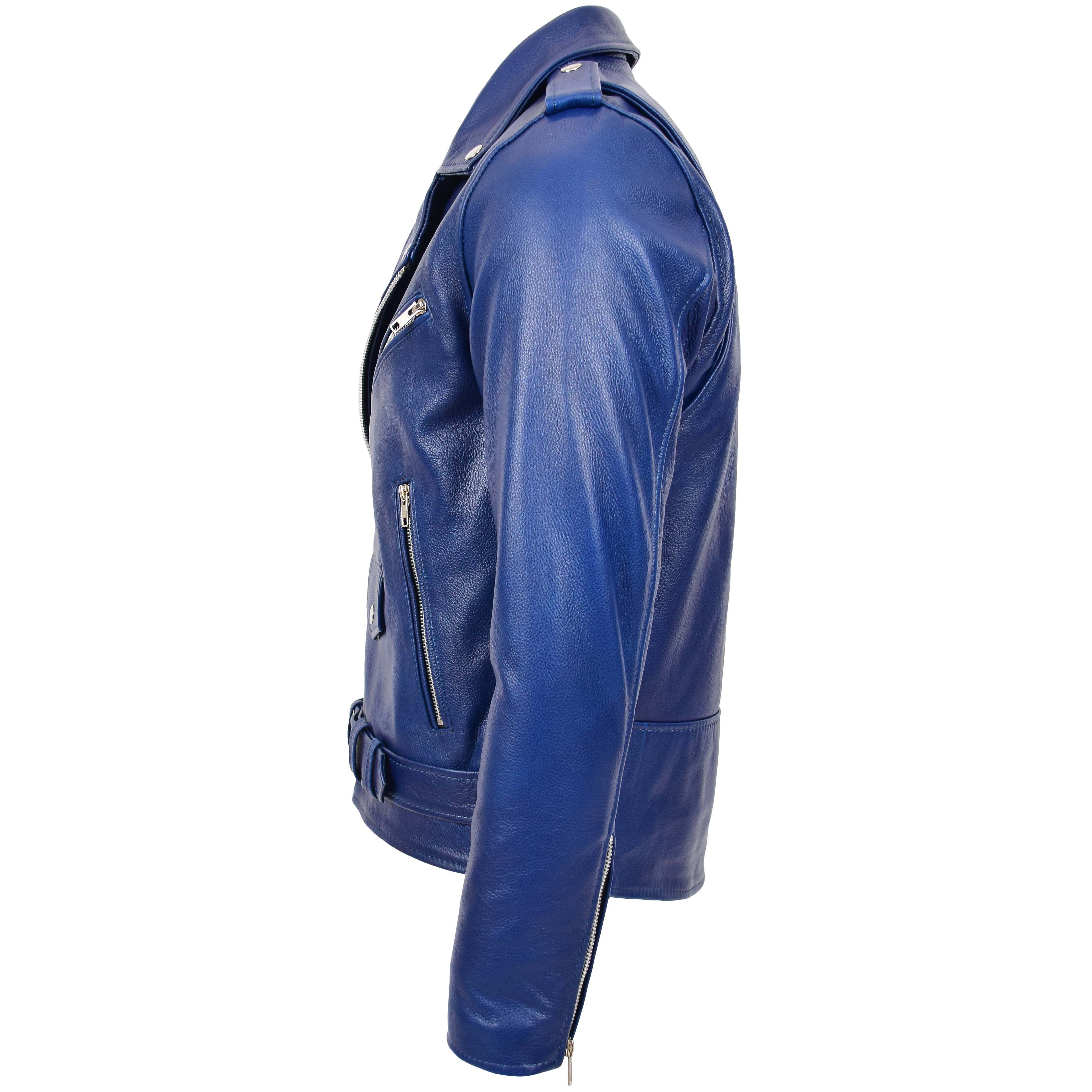 Mens Heavy Duty Leather Biker Brando Jacket Sapphire Blue