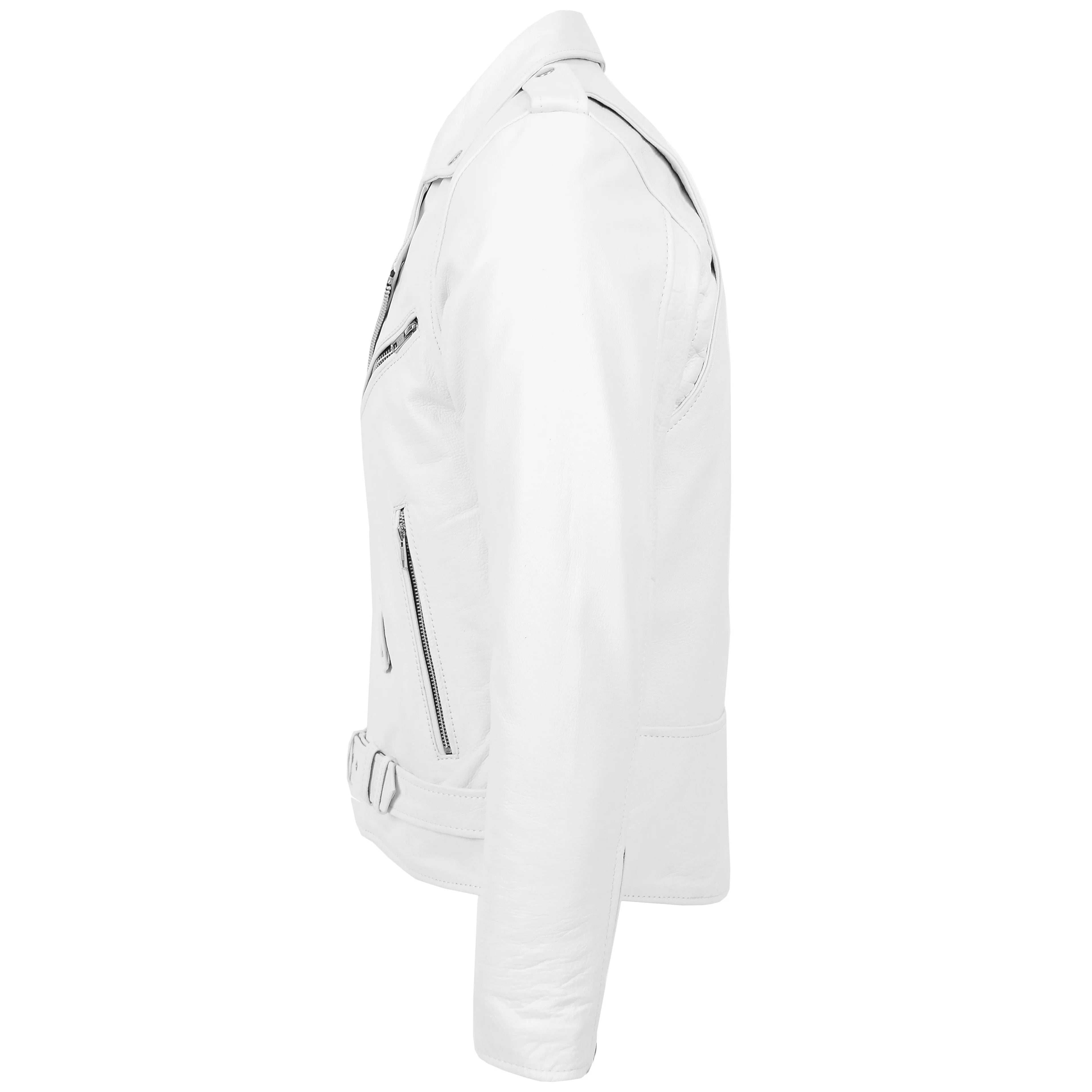 Mens Heavy Duty Leather Biker Brando Jacket Pearl white