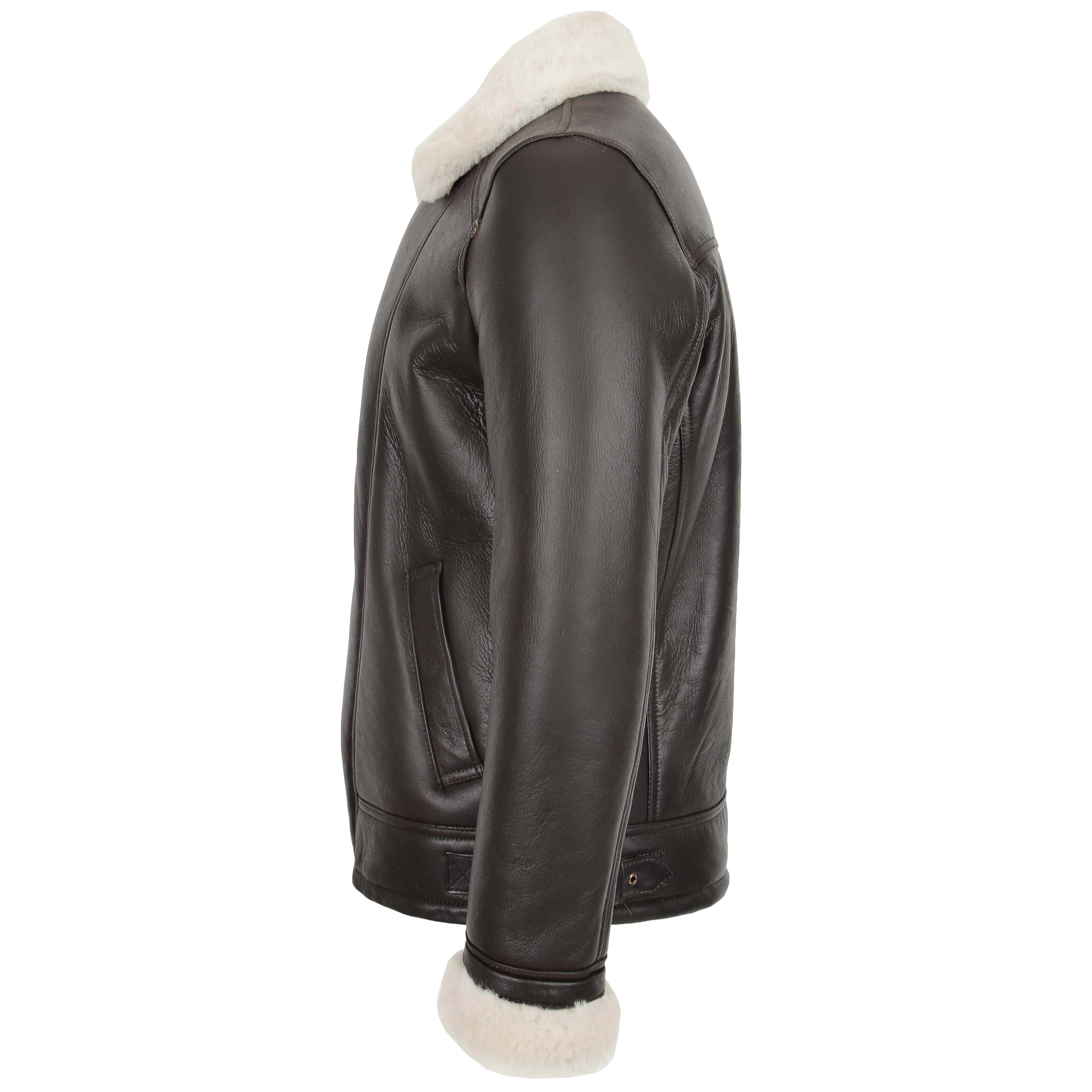 Mens Aviator Sheepskin Pilot Leather Bomber Jacket Topaz Brown White