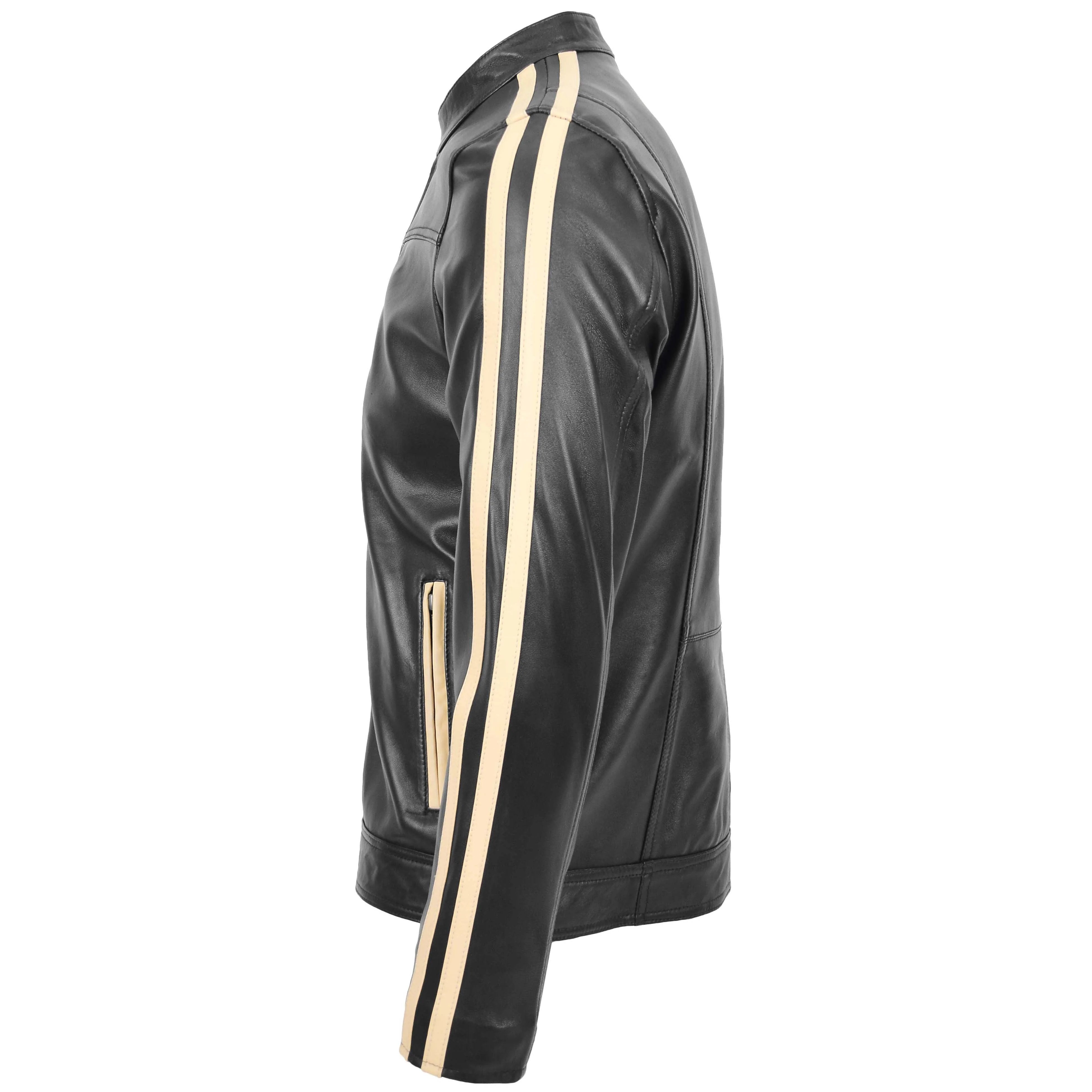 Mens Leather Biker Jacket with Racing Stripes Clyde Onyx black