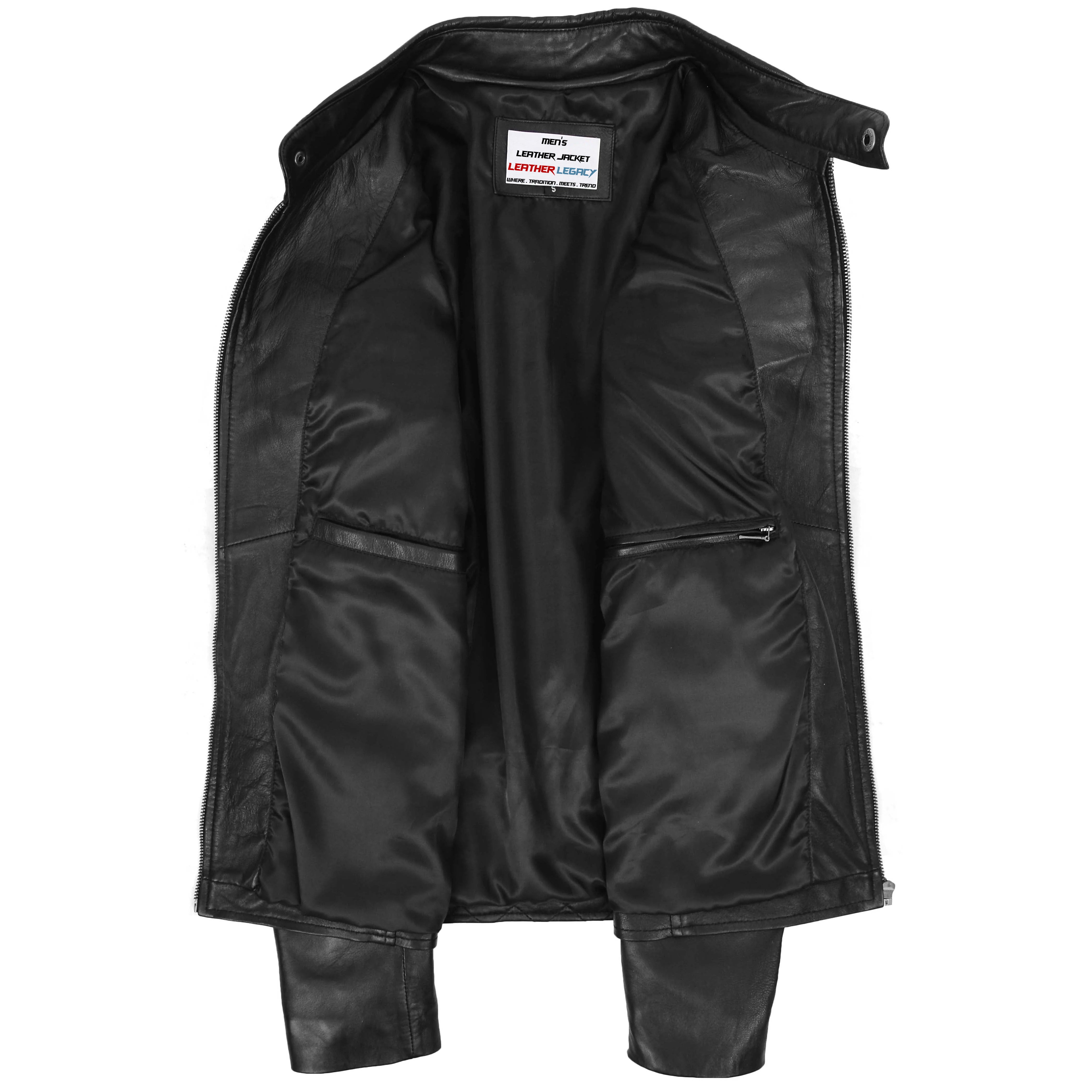 Mens Leather Biker Style Jacket with Quilt Detail Onyx black