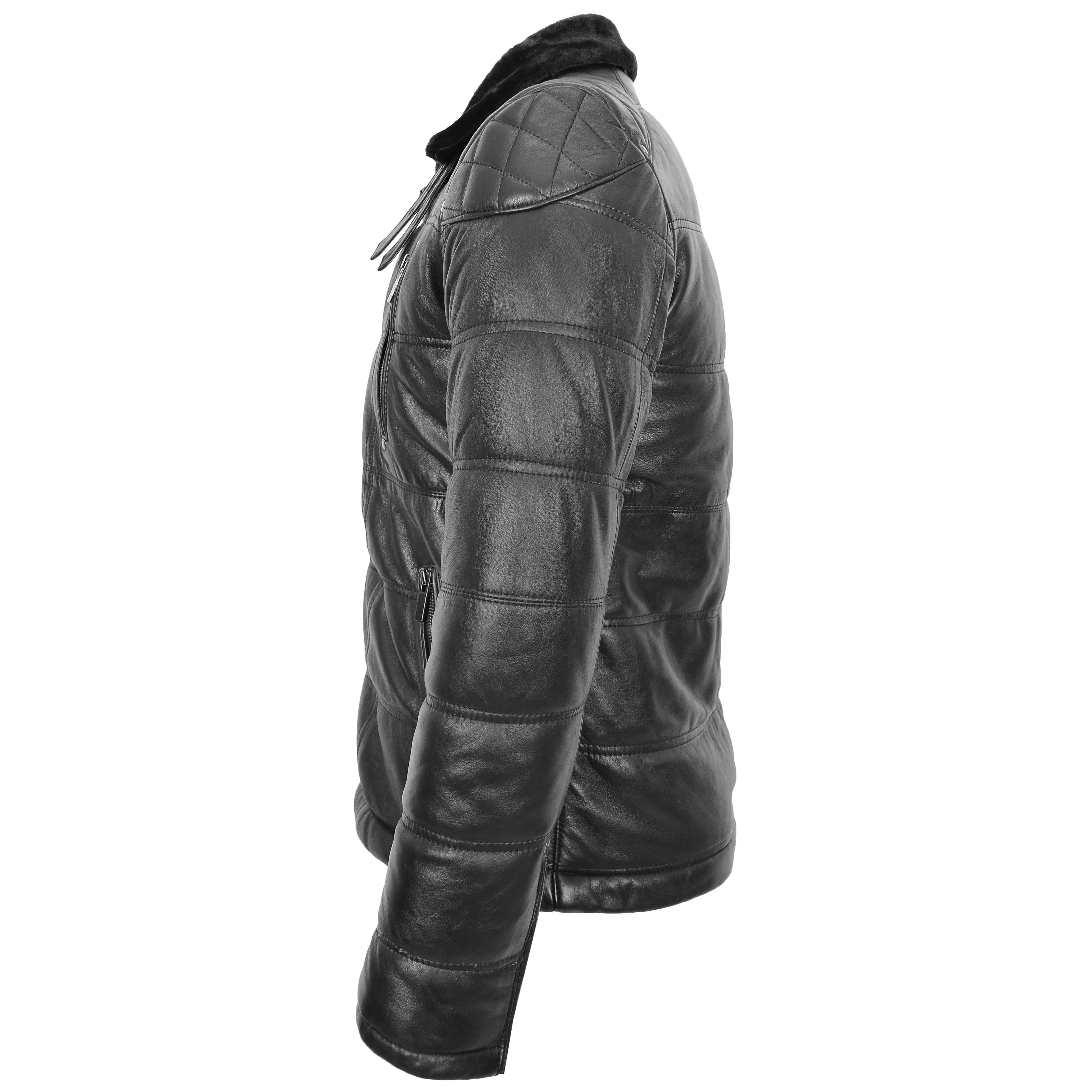 Mens Leather Biker Style Puffer Jacket Ronnie Onyx black