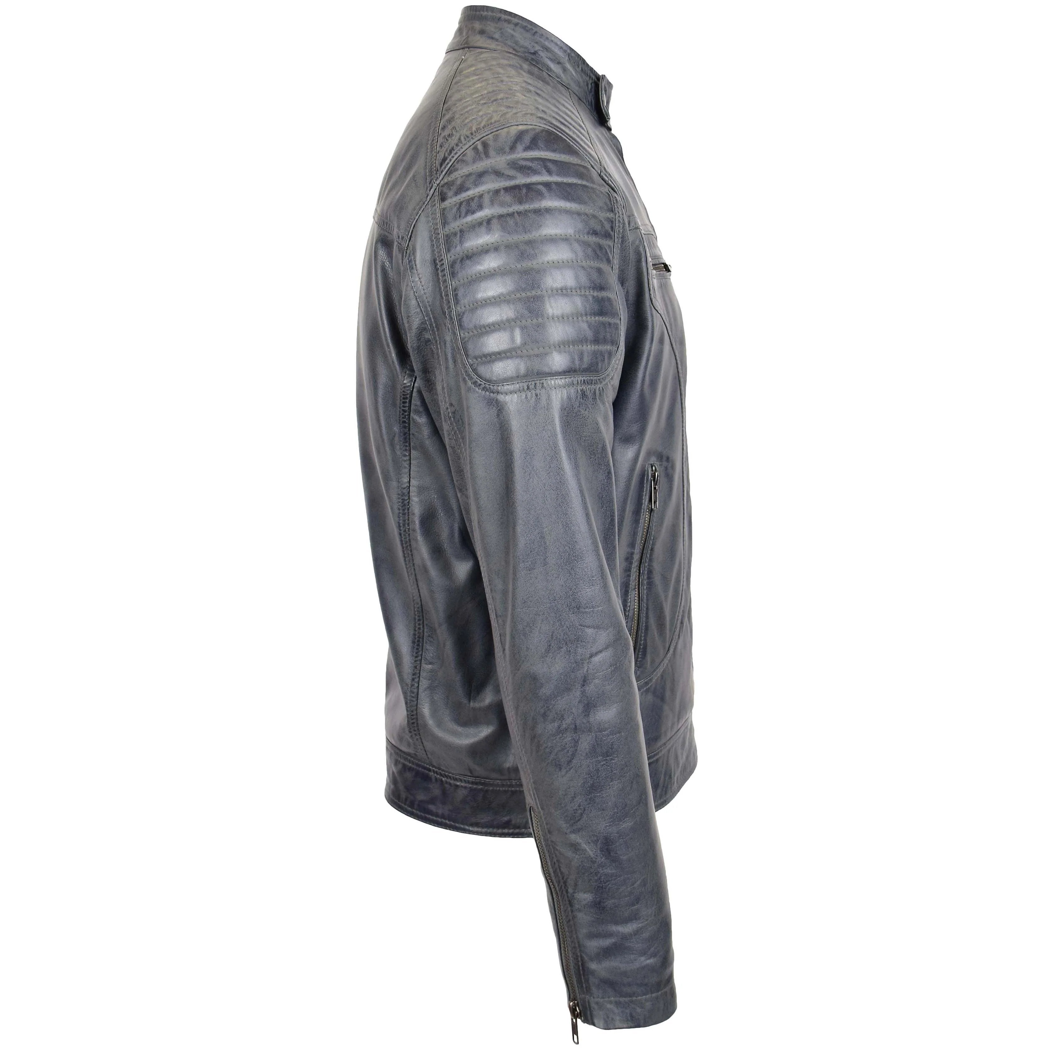 Mens Leather Biker Style Zip Jacket Eddie Essence Silver grey Two Tone