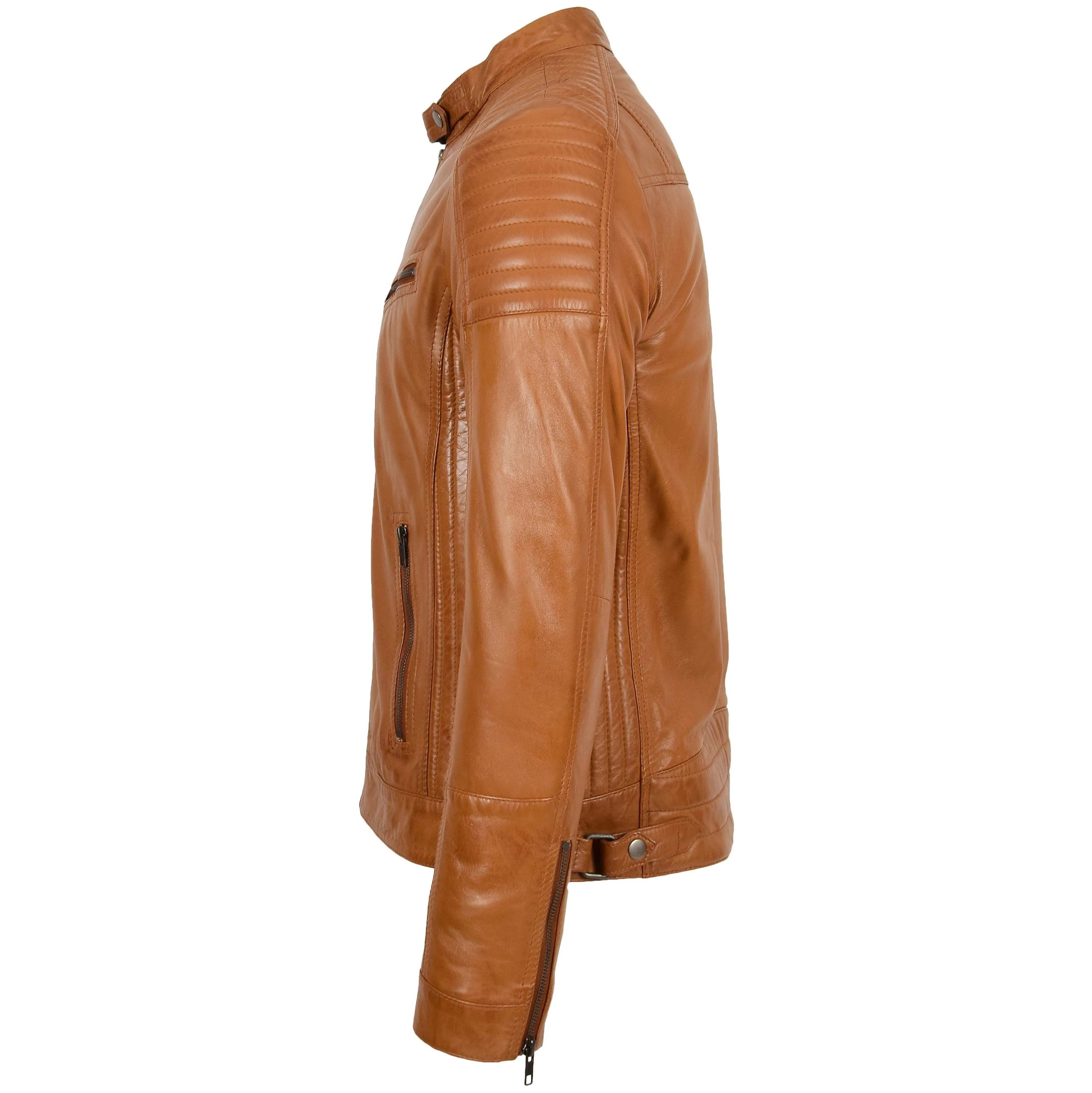 Mens Leather Cafe Racer Biker Jacket Crimson Tan