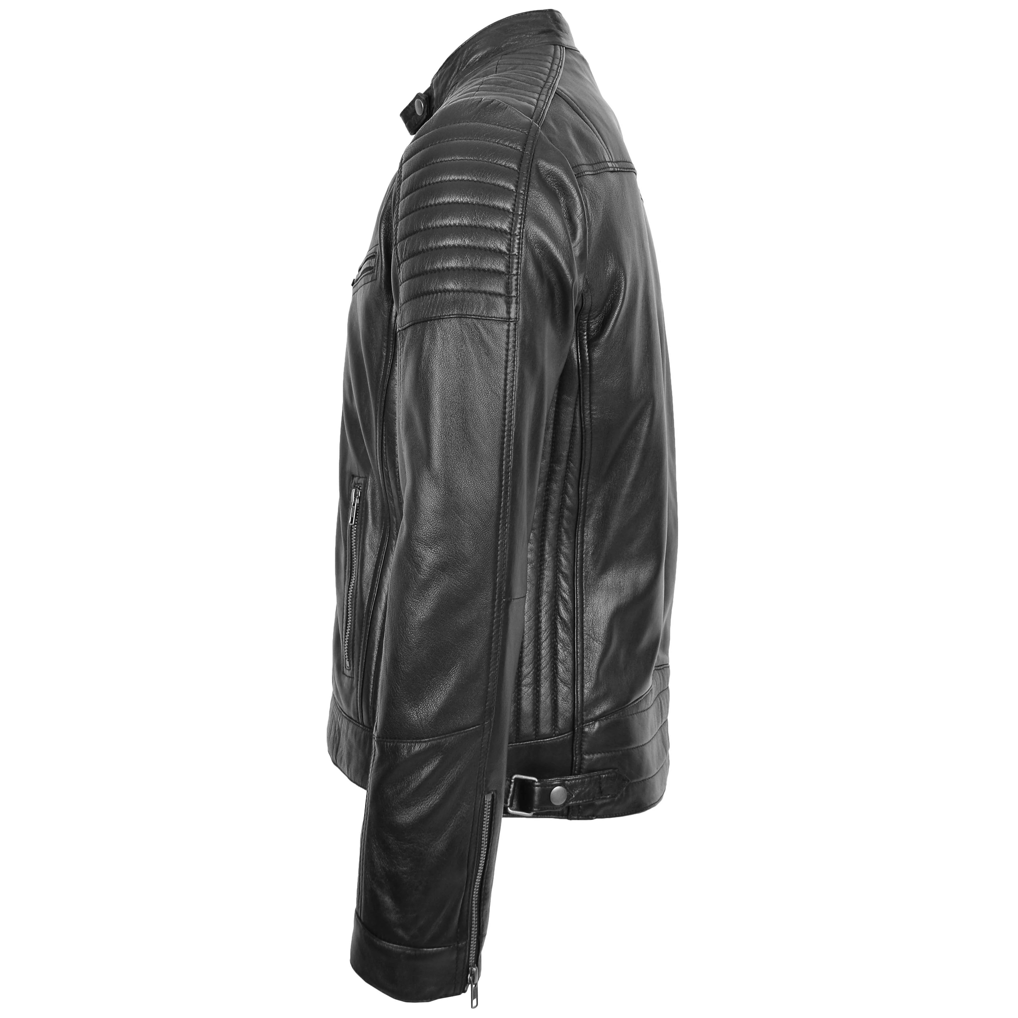 Mens Leather Cafe Racer Biker Jacket Ron Onyx black