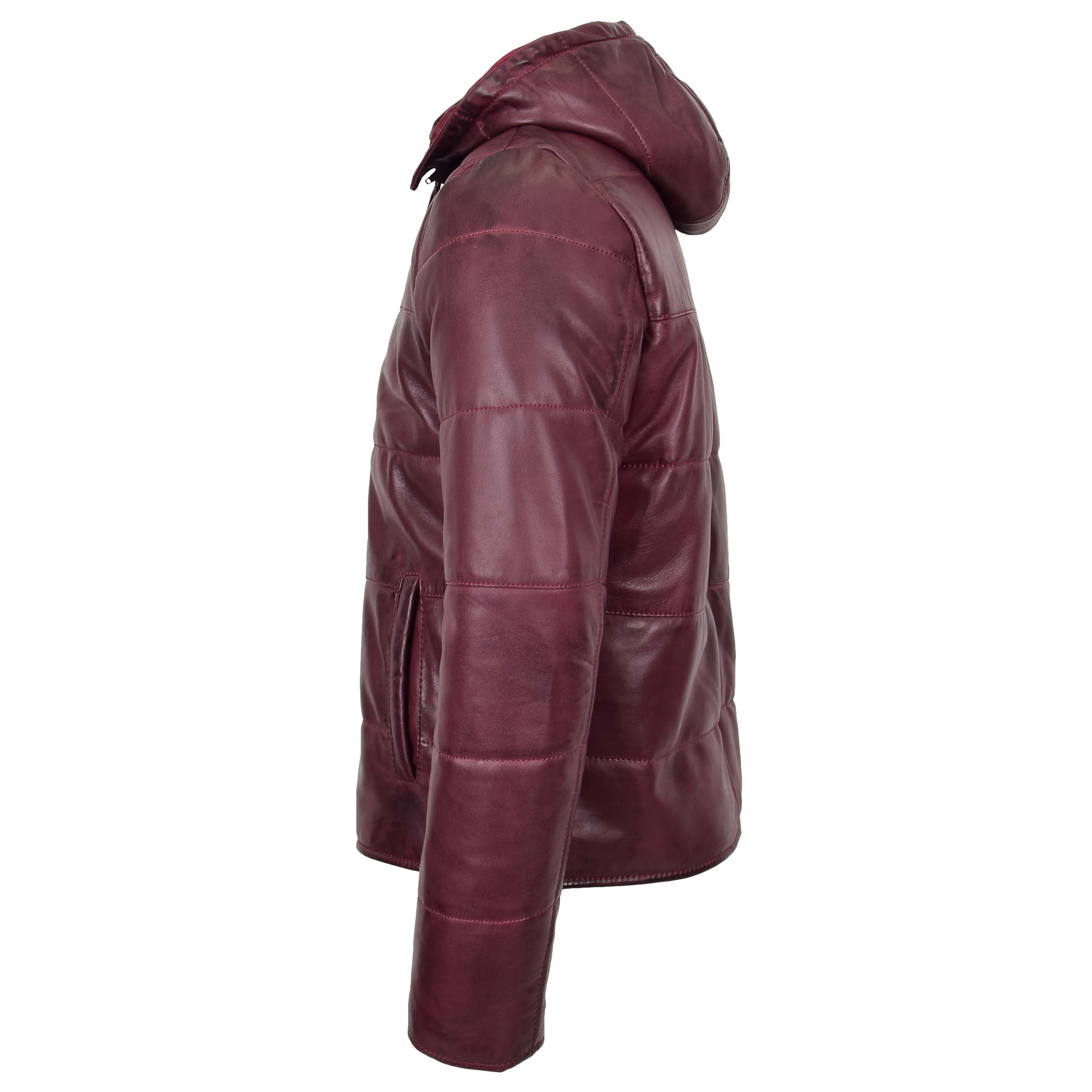 Mens Leather Hooded Puffer Jacket Ivory Burgundy