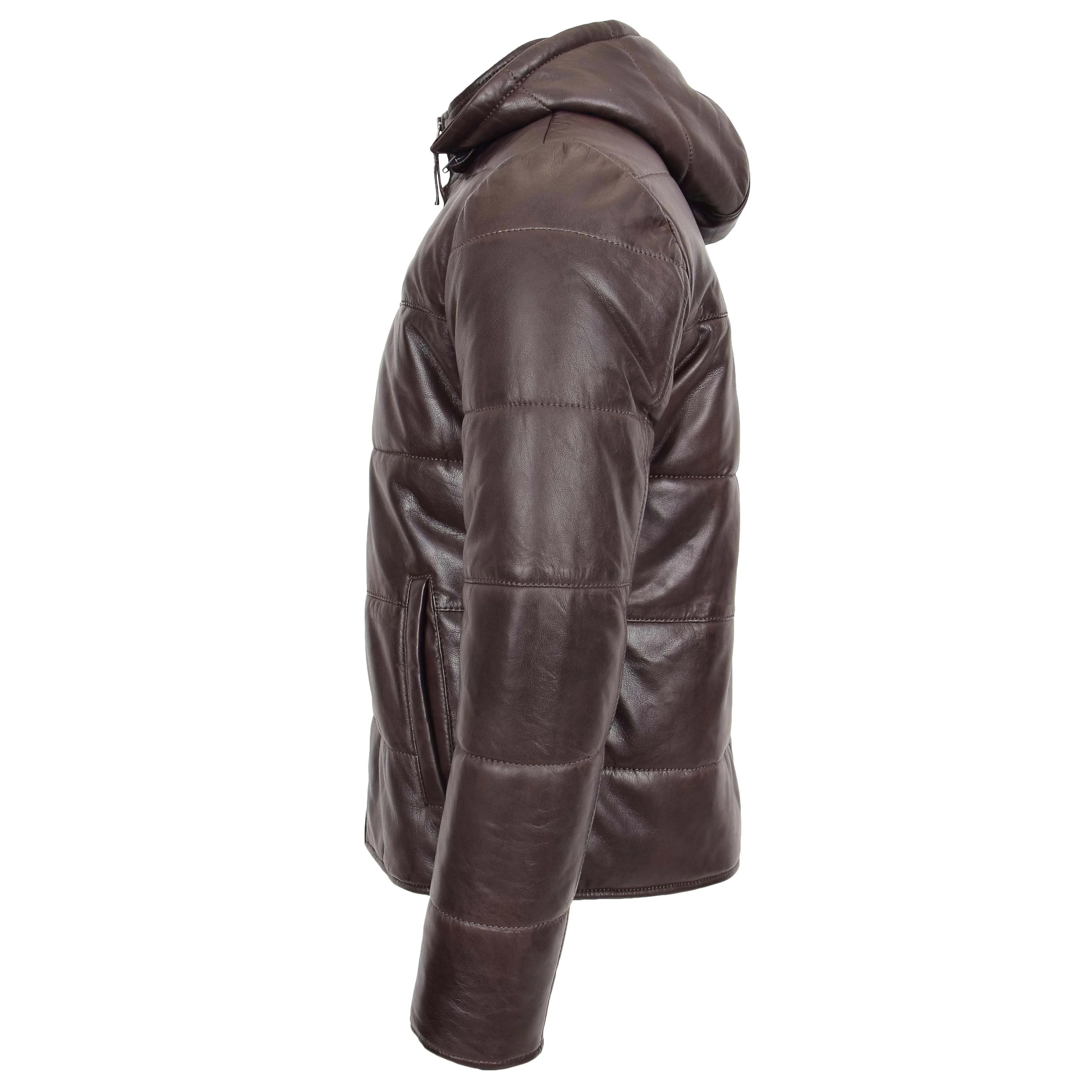 Mens Leather Hooded Puffer Jacket Topaz brown