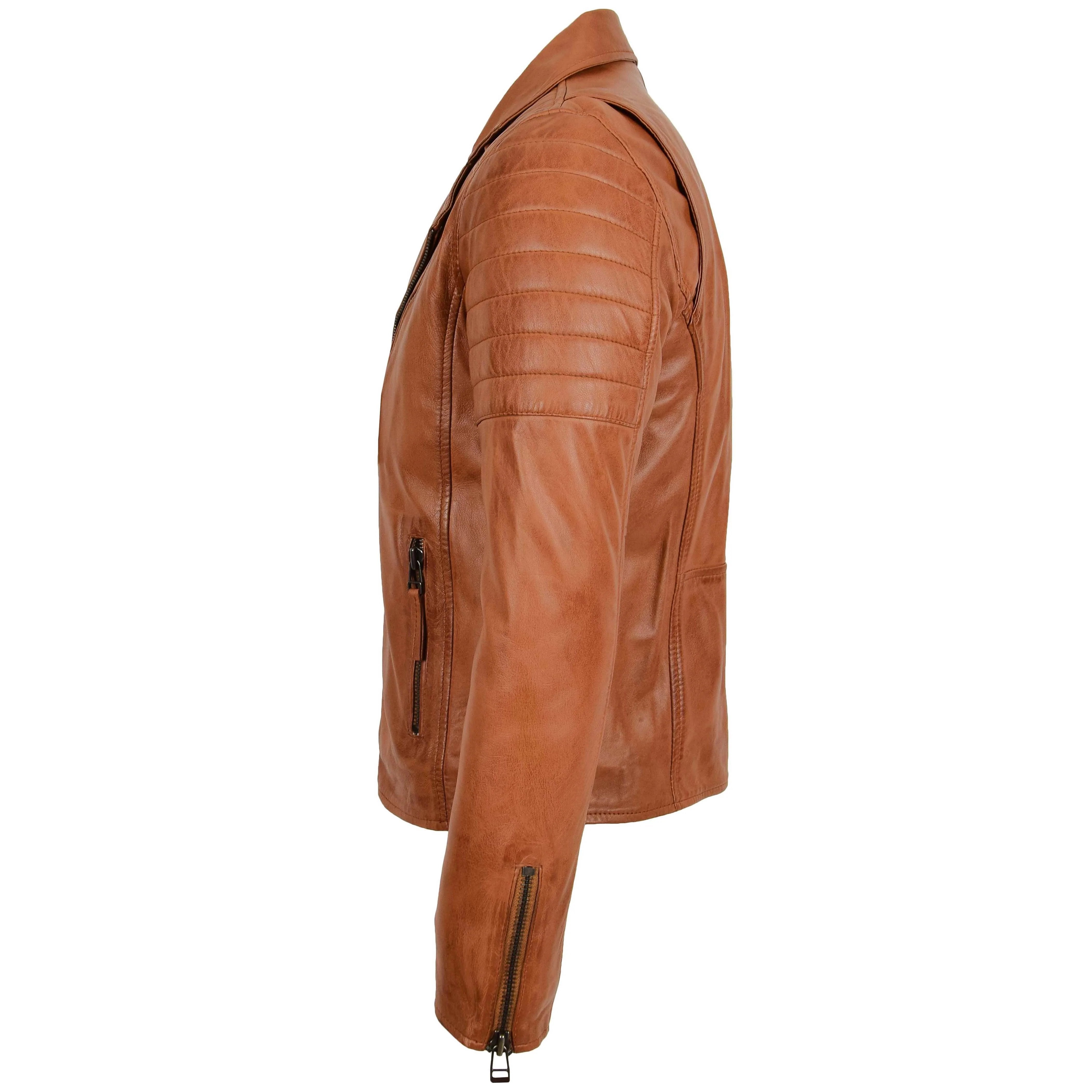 Mens Biker Leather Jacket Dual Zip Hook Crimson Tan