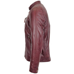 Mens Biker Leather Jacket Standing Collar Ivory Burgundy