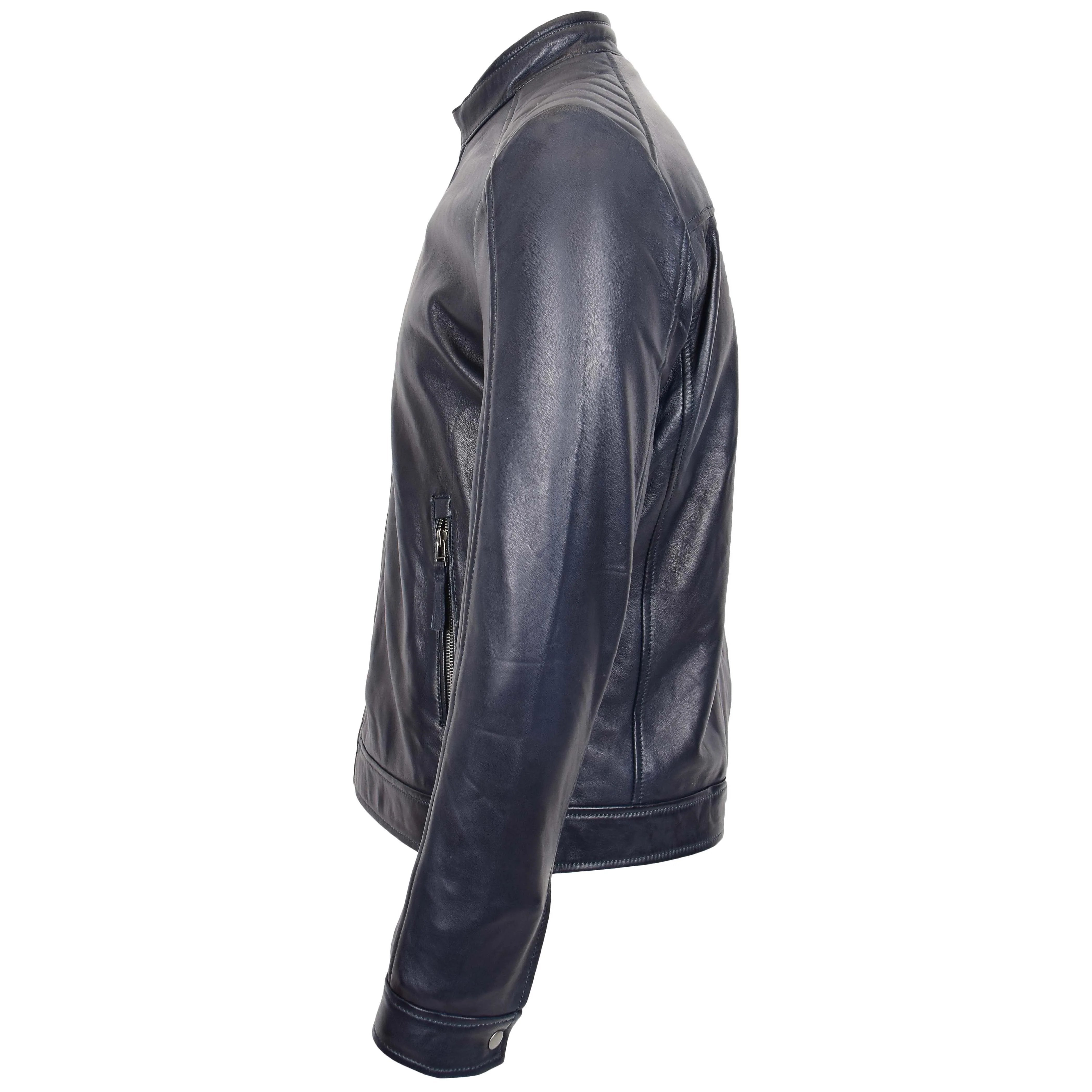 Mens Real Leather Biker Jacket Archie Luna Sapphire Navy Blue