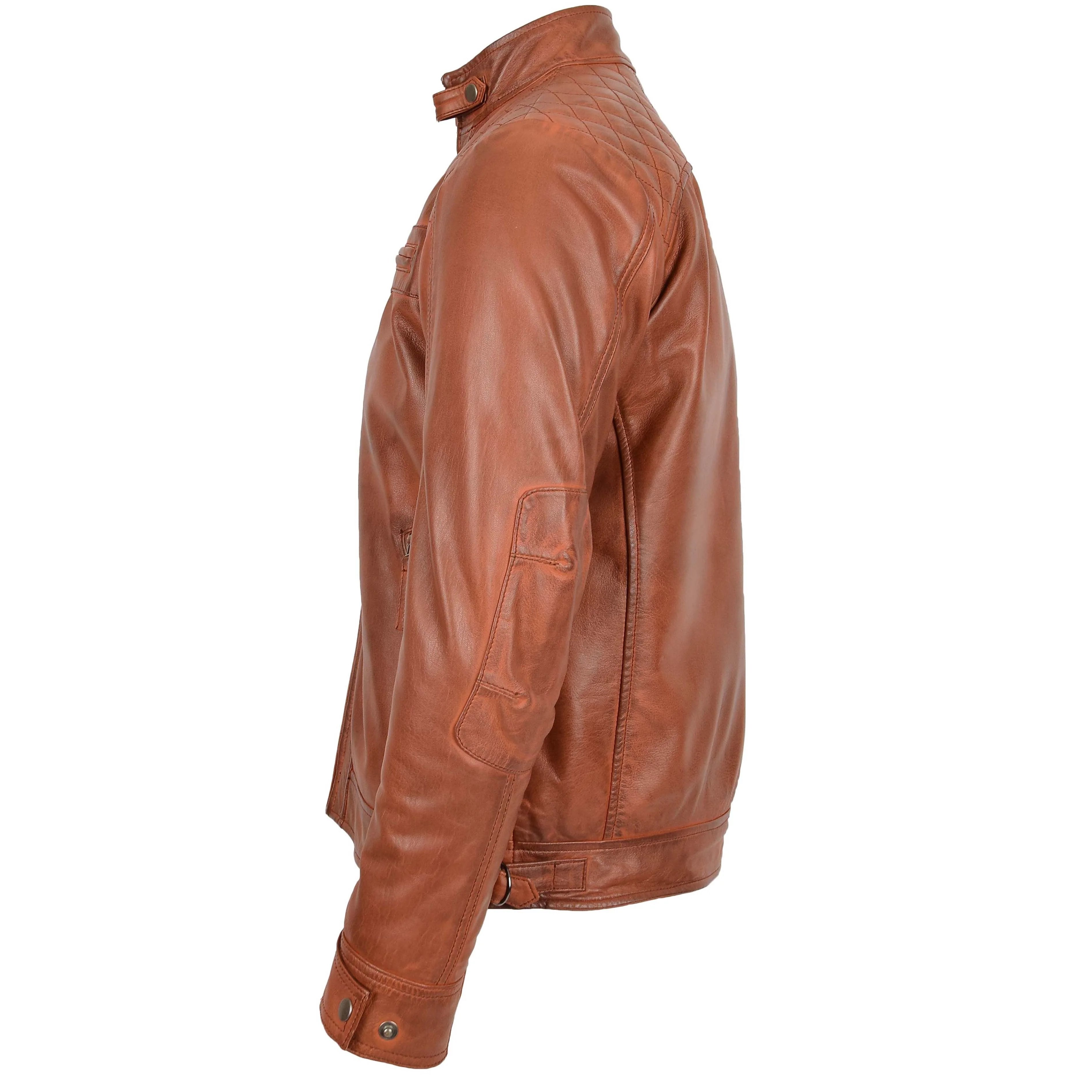 Mens Biker Leather Jacket Standing Collar Bowie Crimson Tan