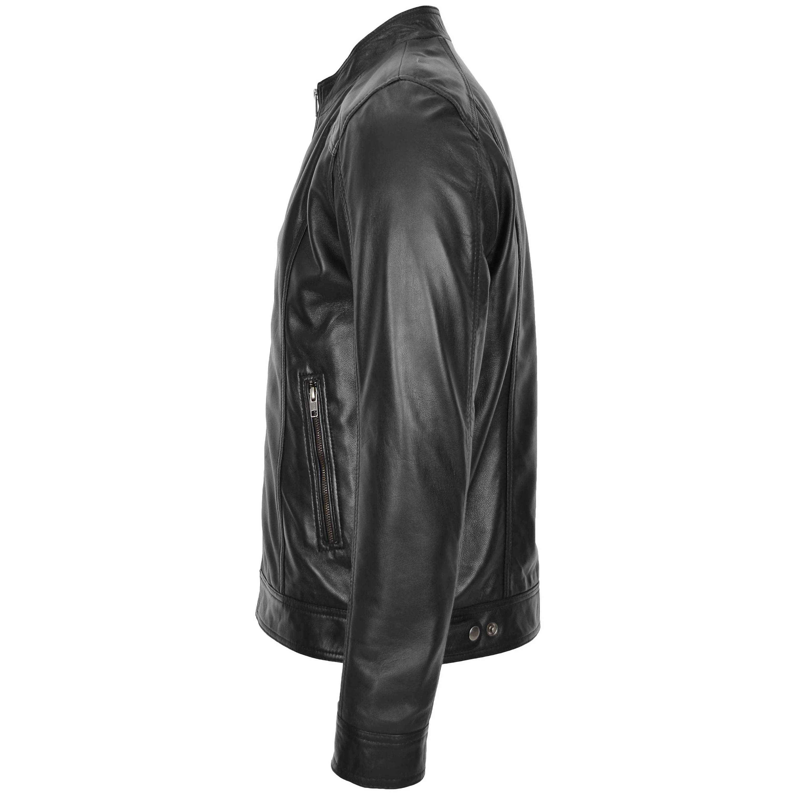 Mens Soft Leather Casual Plain Zip Jacket Matt Onyx Black.