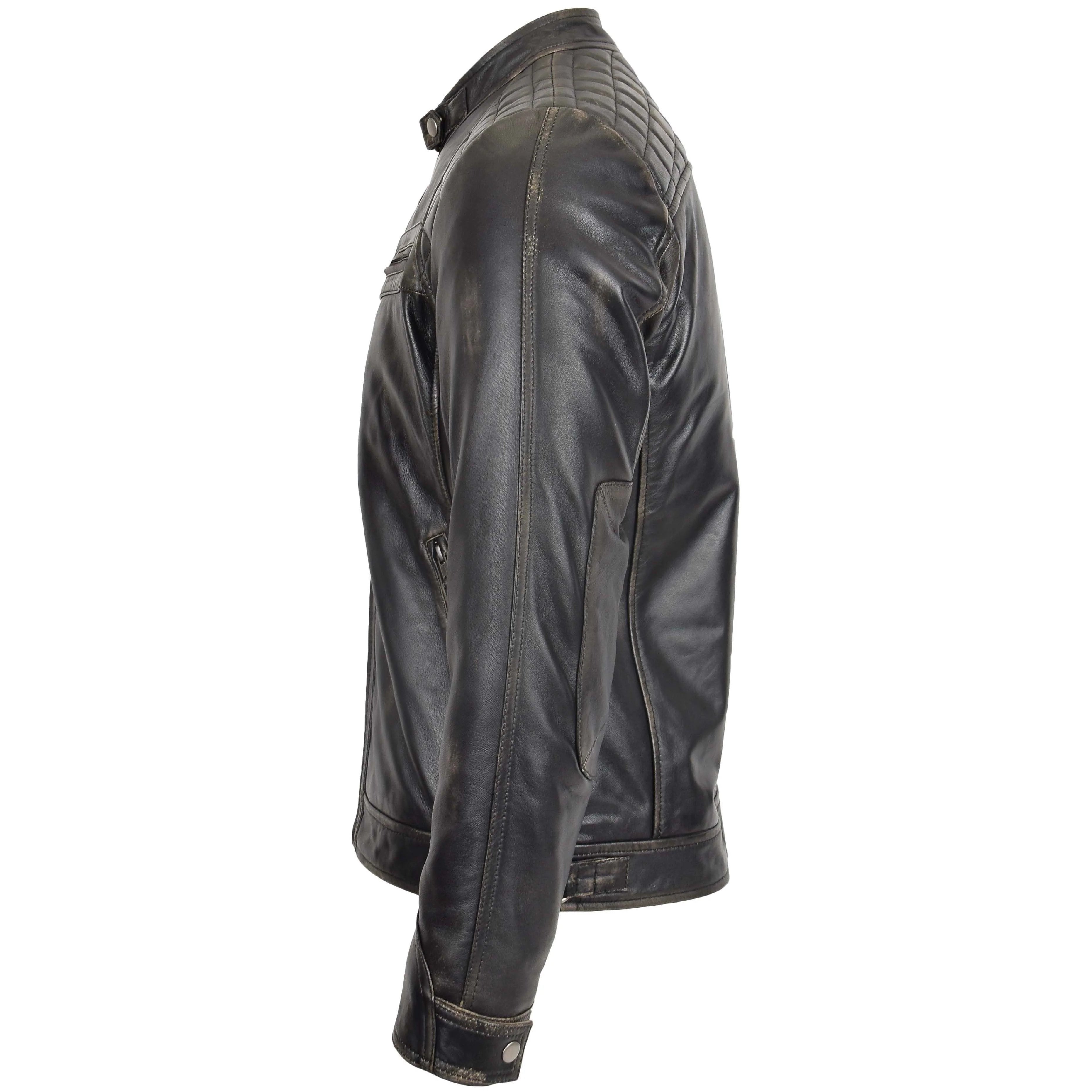 Mens Biker Leather Jacket Standing Collar Jade Rubb Off